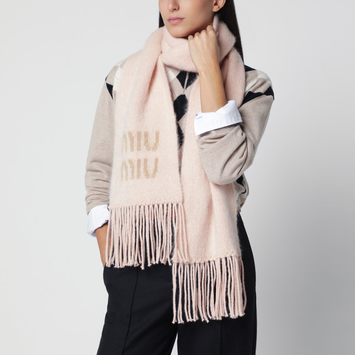 Light pink mohair-blend scarf with logo
