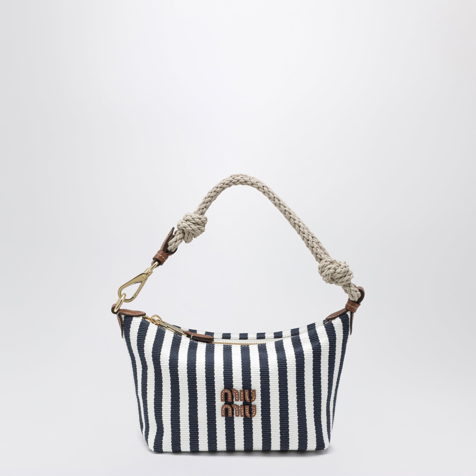 Striped jacquard cotton and leather pouch, blue/cognac