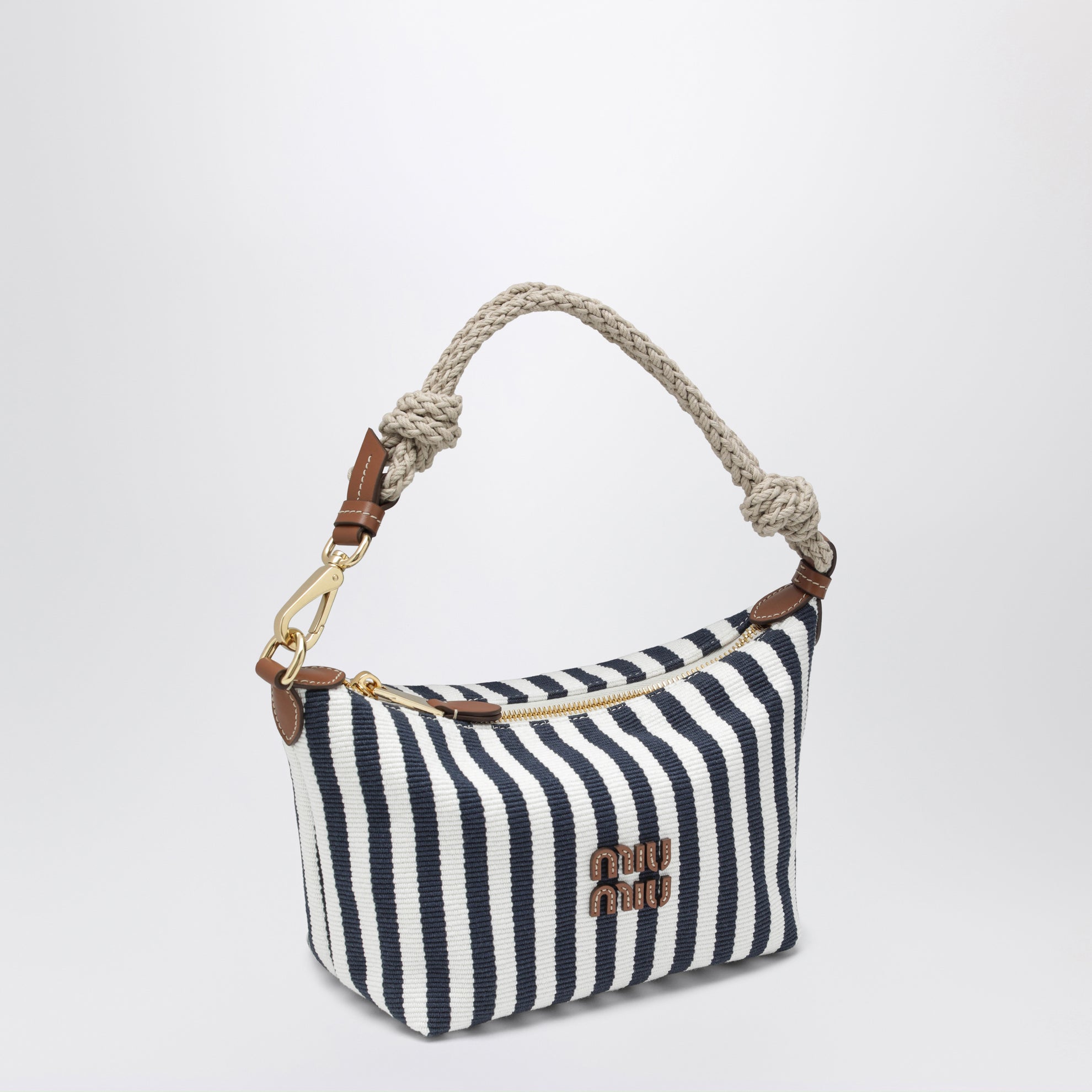 Striped jacquard cotton and leather pouch, blue/cognac