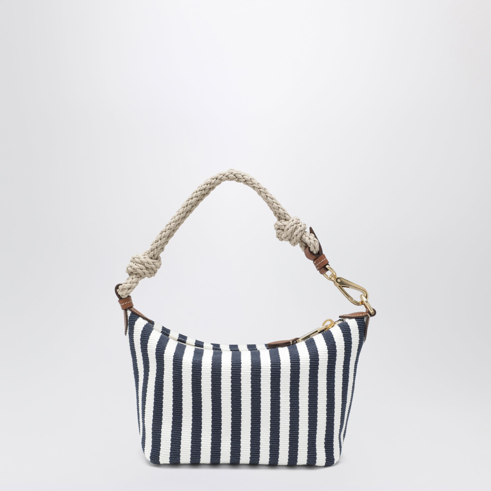 Striped jacquard cotton and leather pouch, blue/cognac