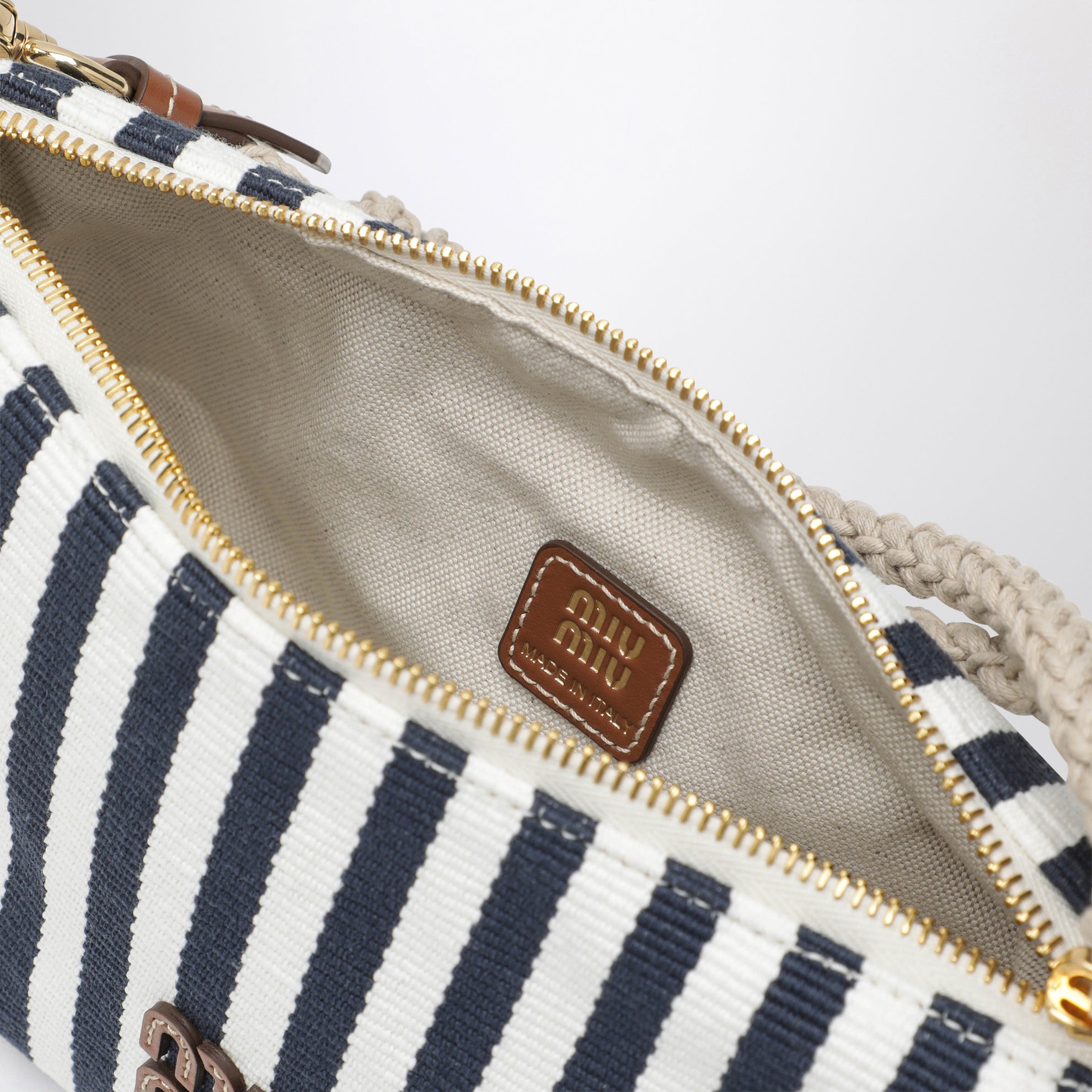 Striped jacquard cotton and leather pouch, blue/cognac