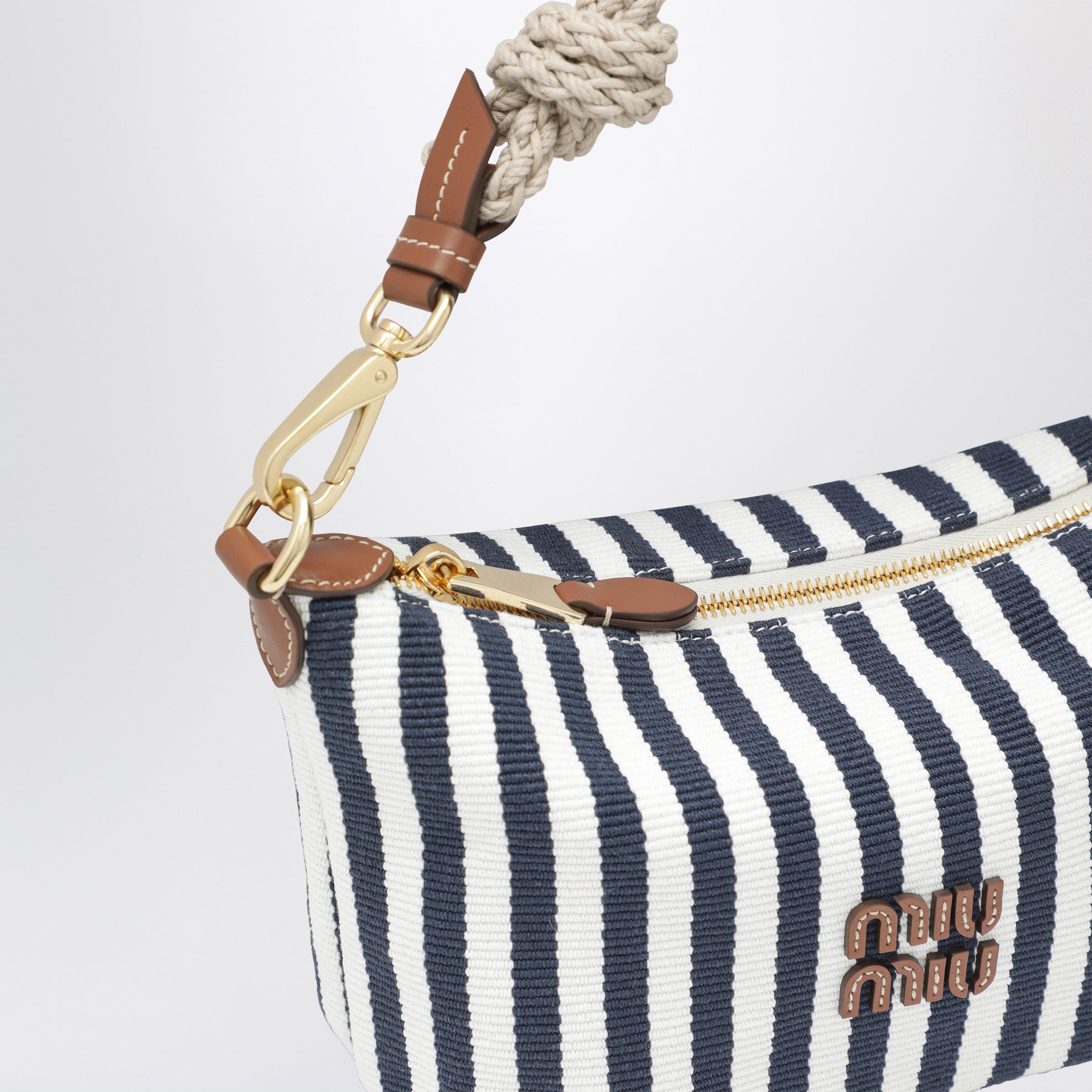Striped jacquard cotton and leather pouch, blue/cognac