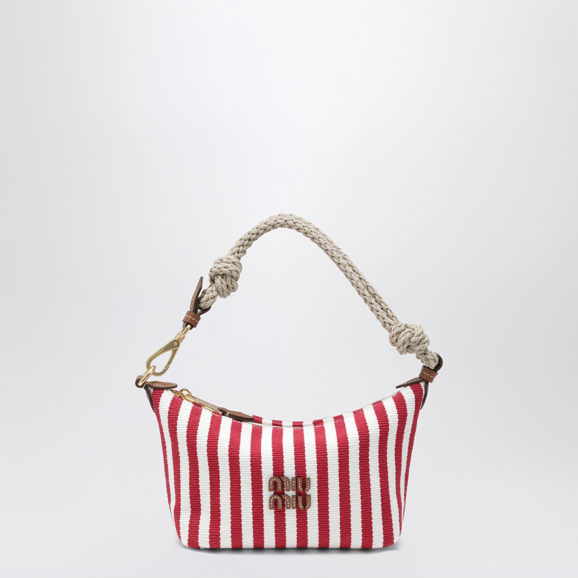 Pochette rayée en coton jacquard et cuir rubis cognac