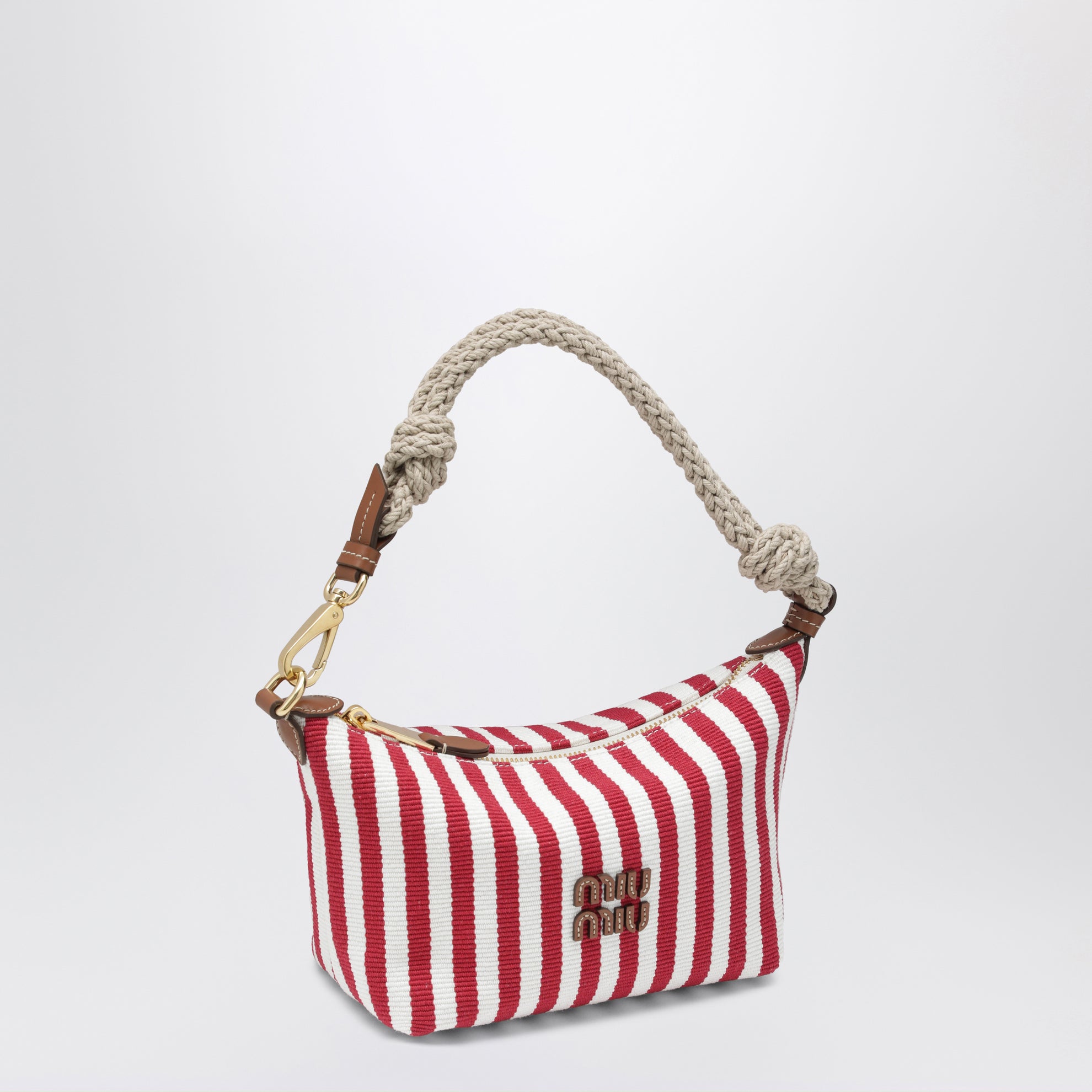 Pochette rayée en coton jacquard et cuir rubis cognac