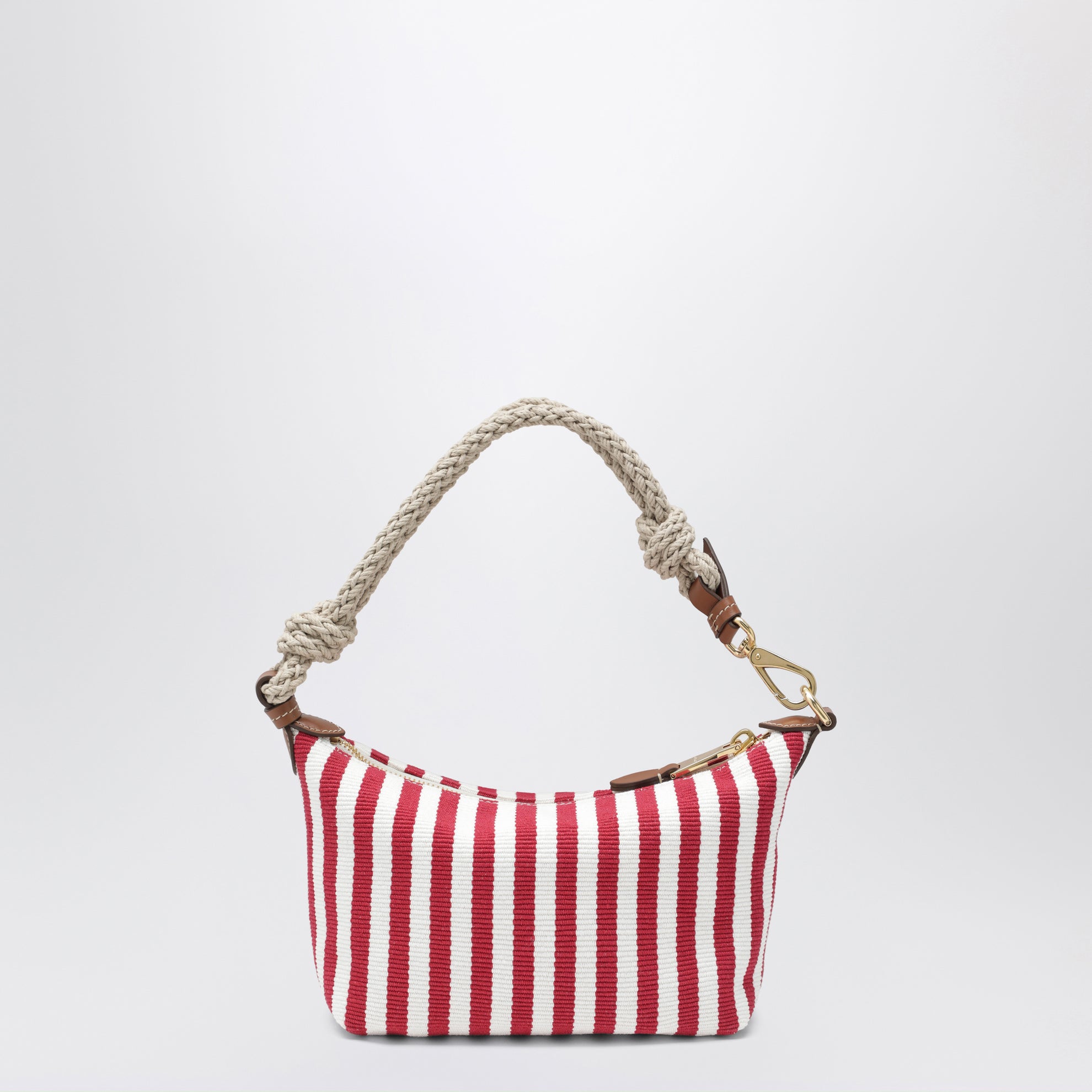 Pochette rayée en coton jacquard et cuir rubis cognac
