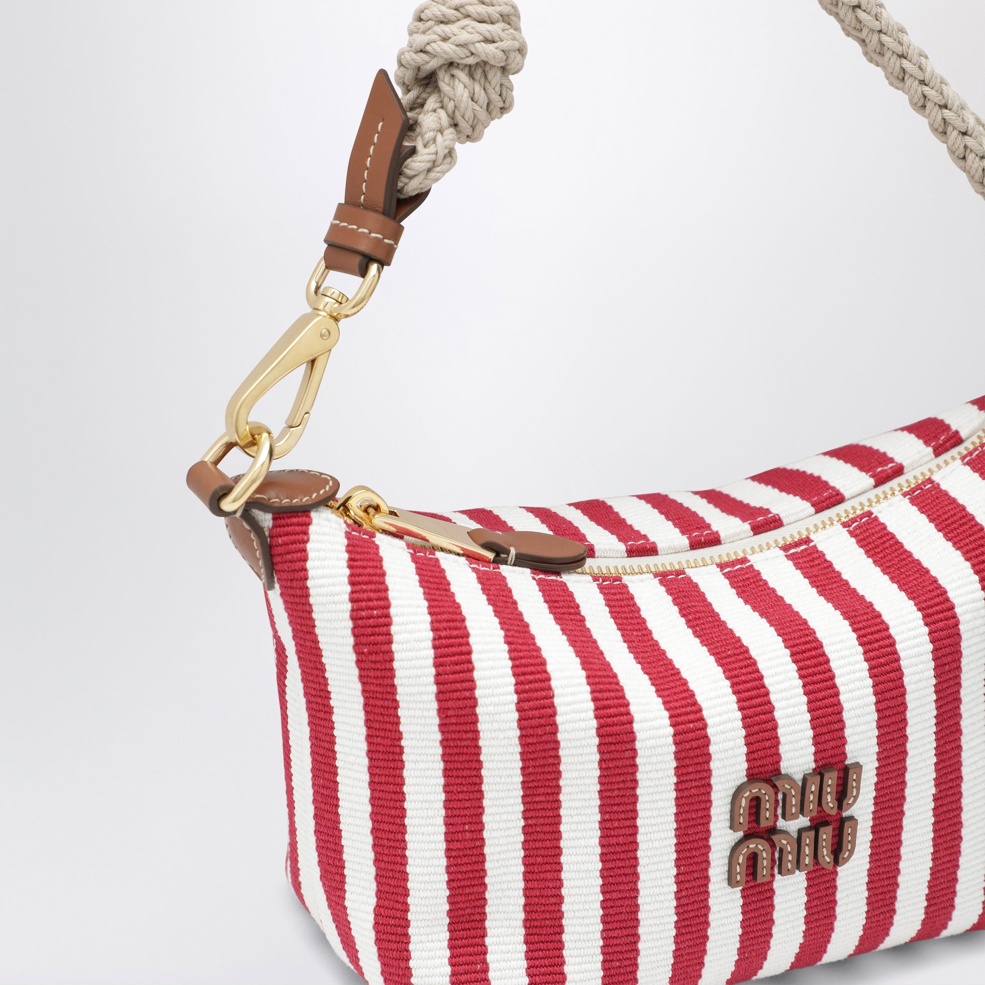 Pochette rayée en coton jacquard et cuir rubis cognac