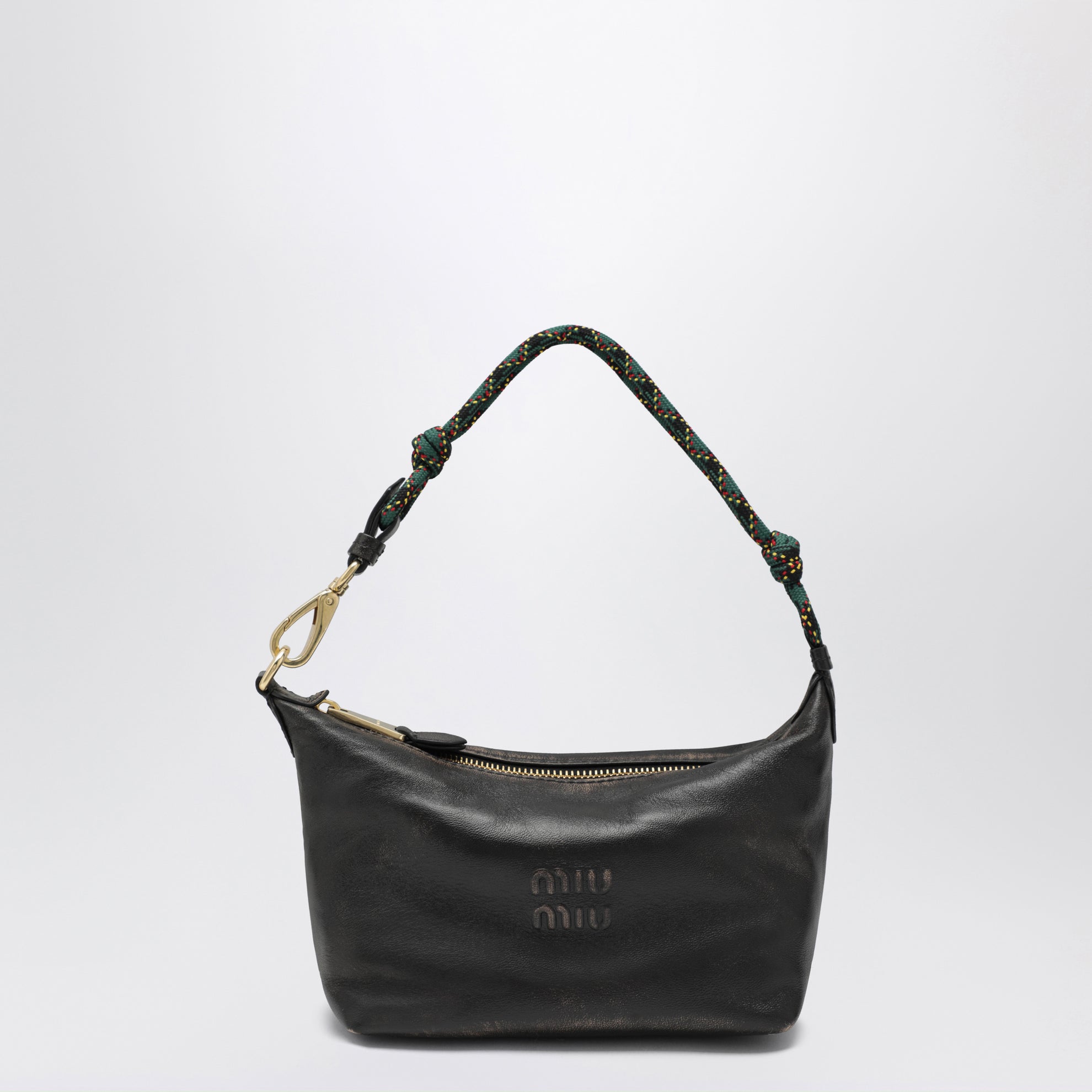 Aged-effect nappa leather pouch in coffee and green
