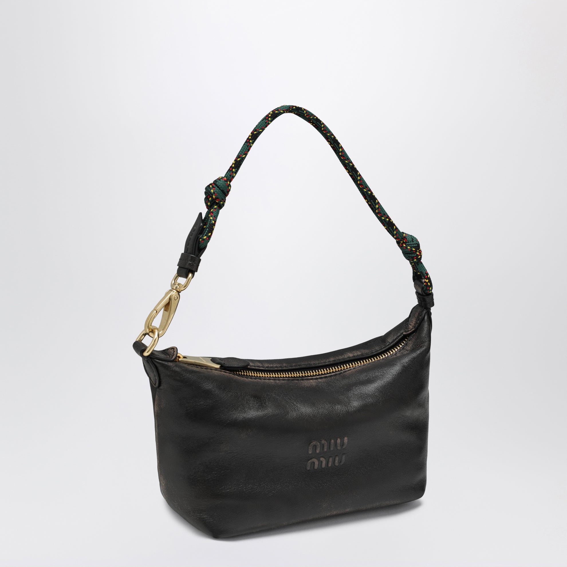 Aged-effect nappa leather pouch in coffee and green
