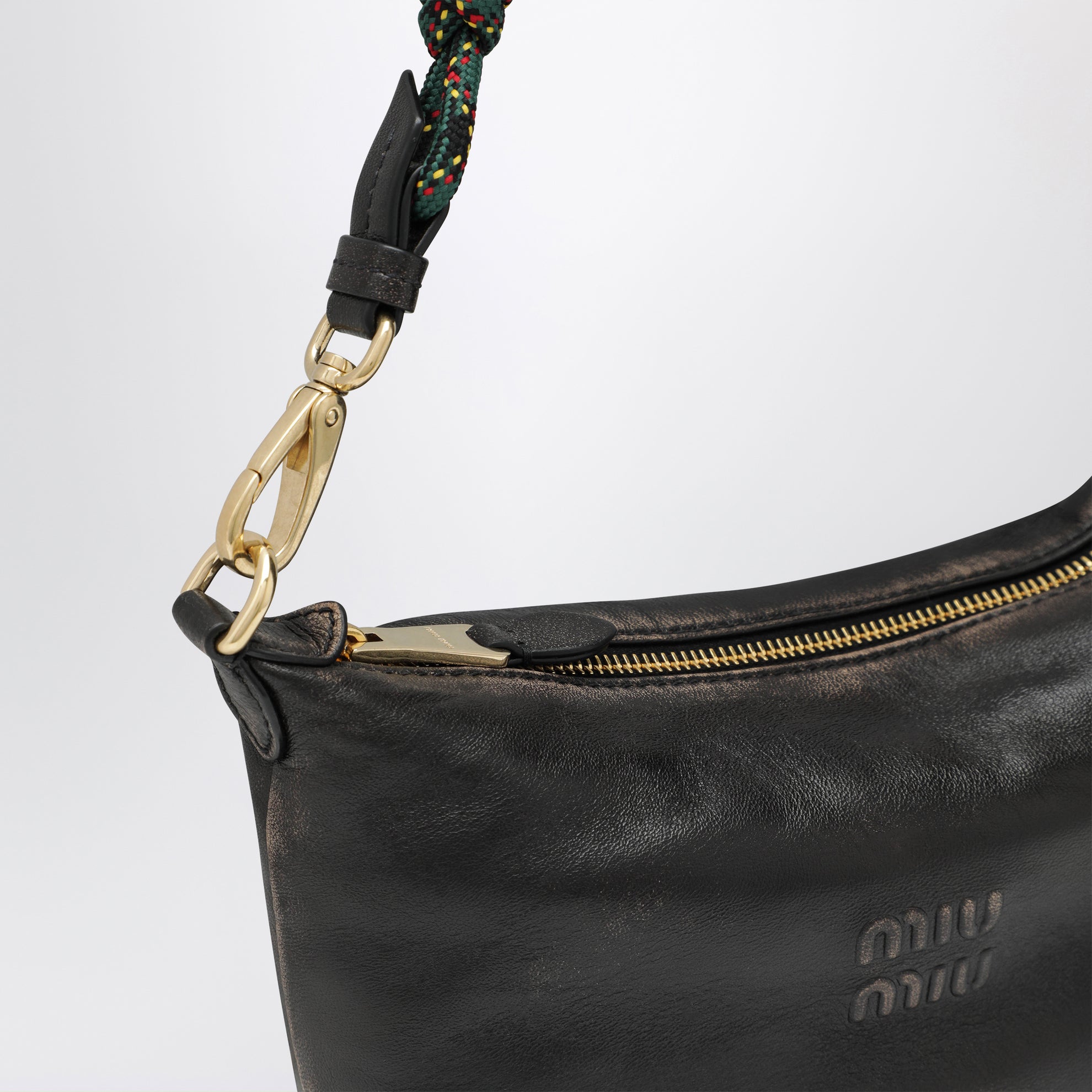 Aged-effect nappa leather pouch in coffee and green