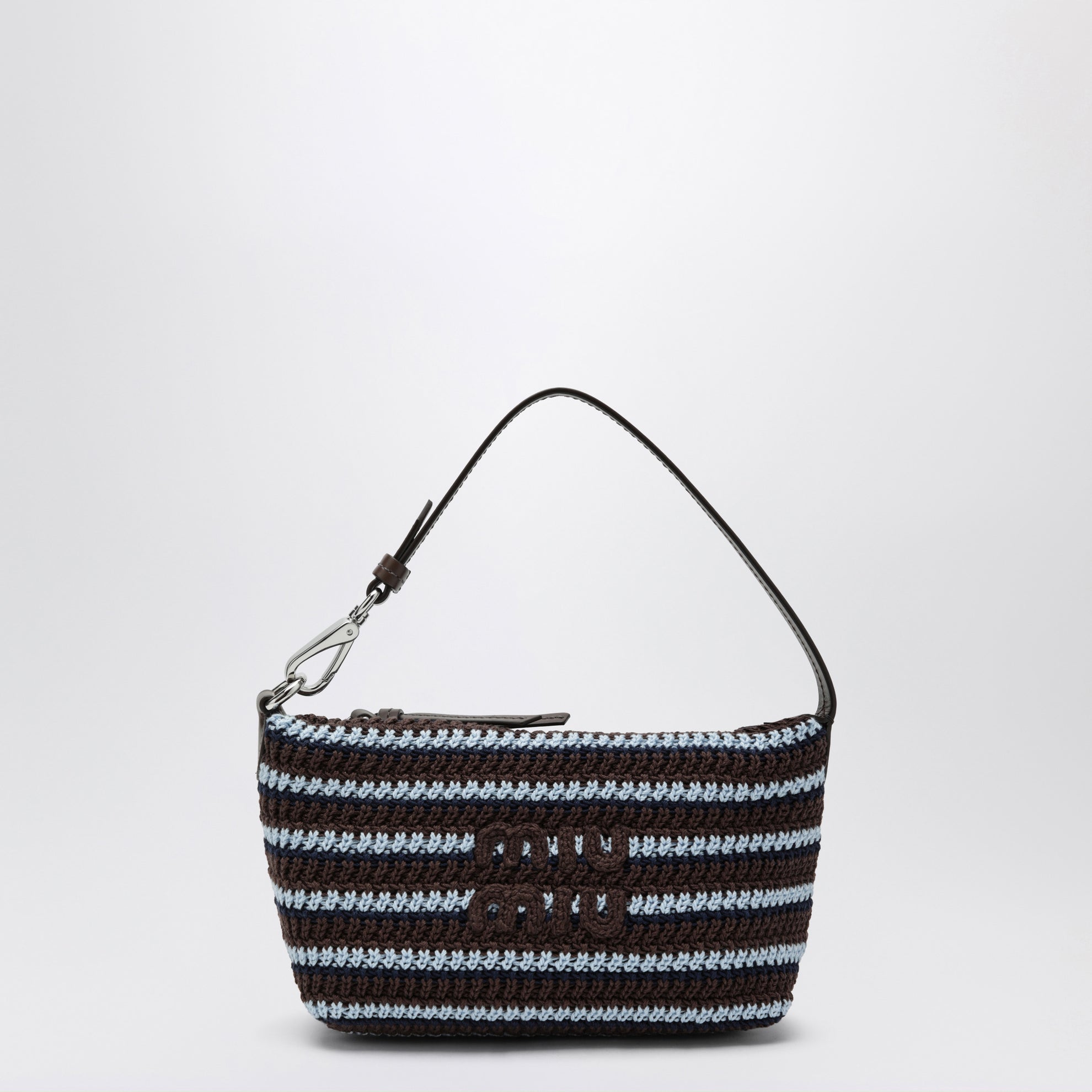 Pouch a righe in crochet di cotone cacao/celeste