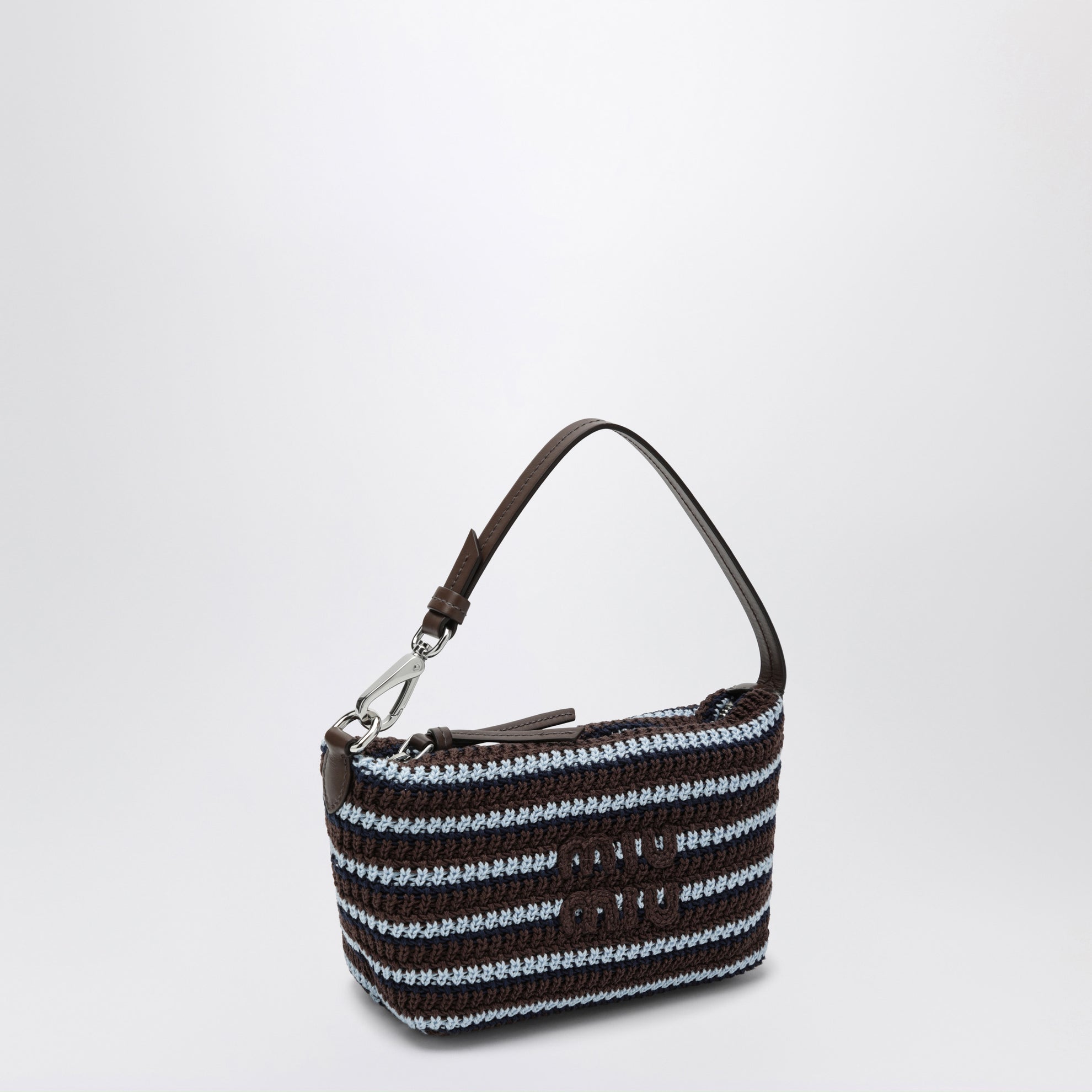 Pouch a righe in crochet di cotone cacao/celeste