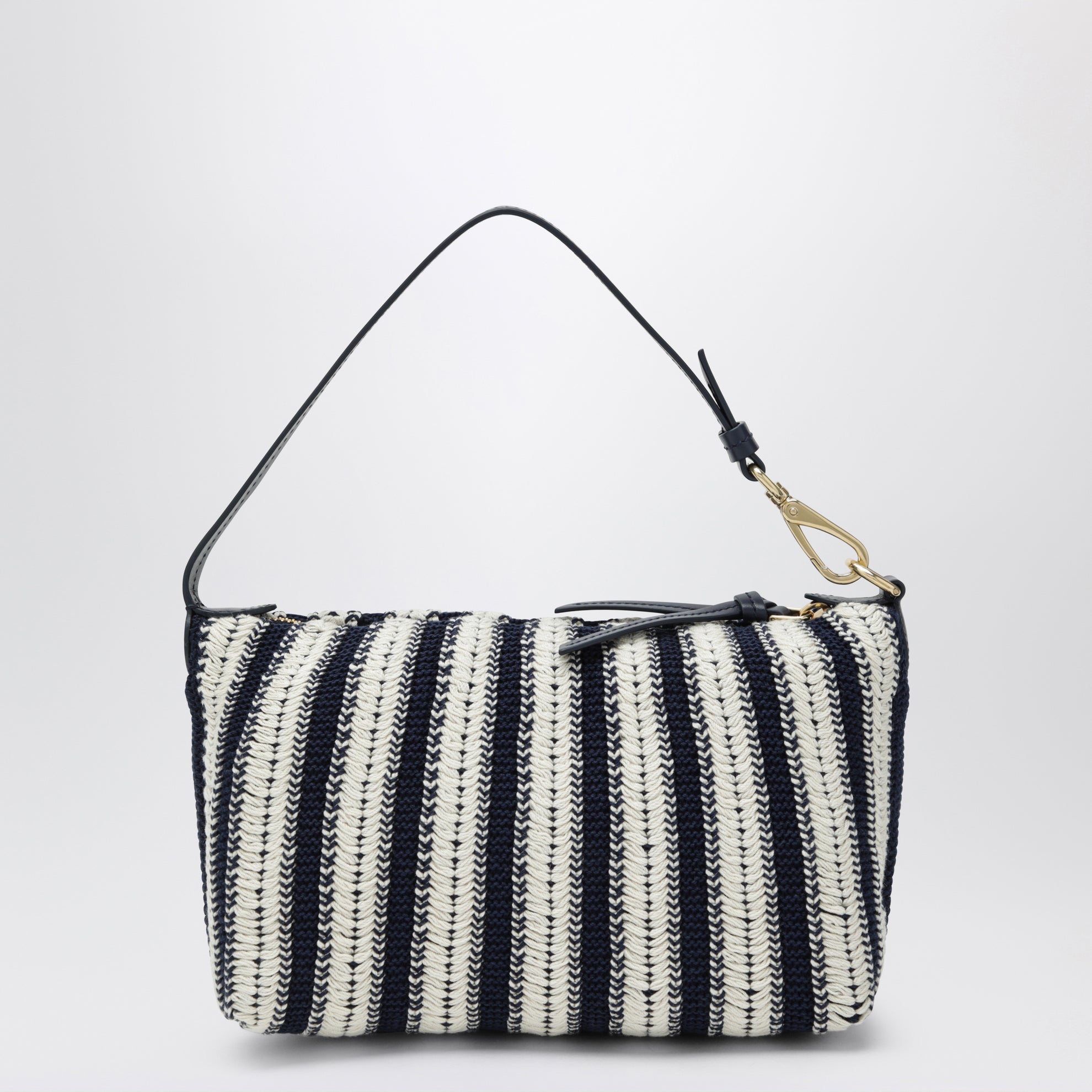 Pouch aus Häkel-Baumwolle und Leder in Blau/Ecru