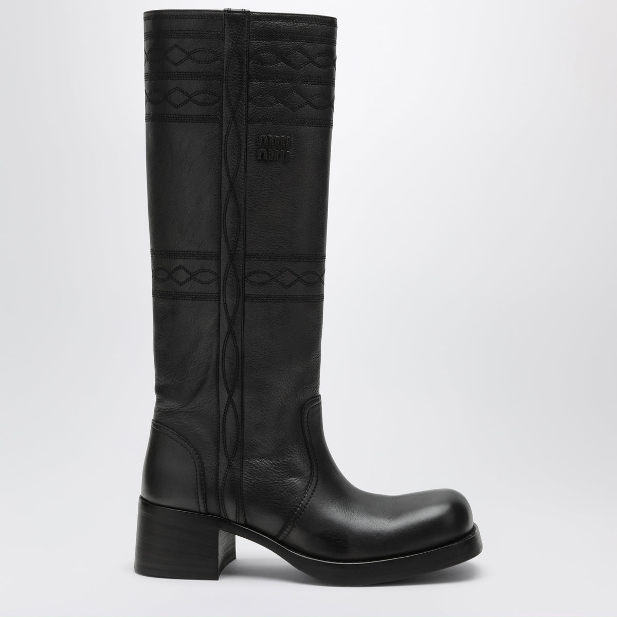 Anthracite grey leather boots with embroidery