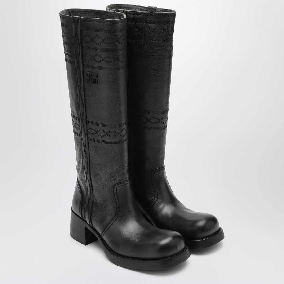 Anthracite grey leather boots with embroidery