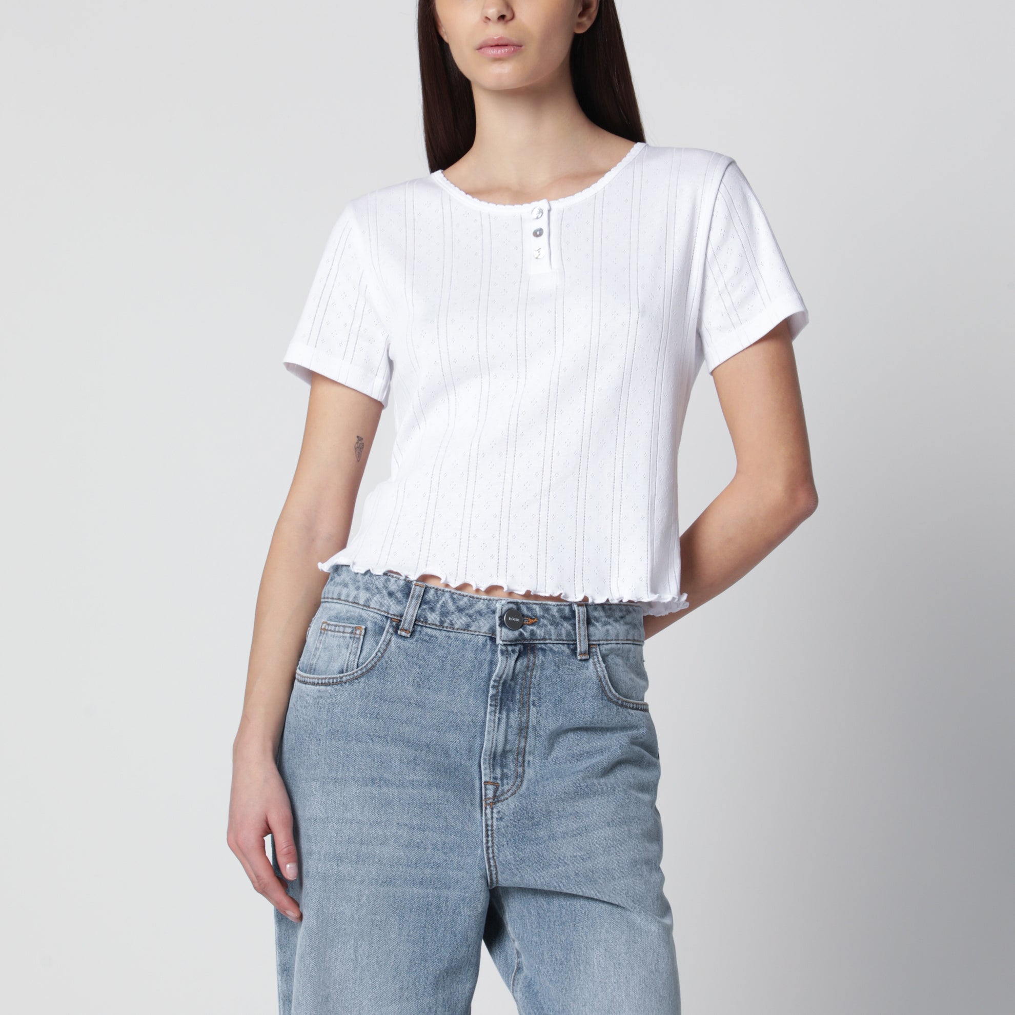 Weißes Cropped-Baumwoll-T-Shirt