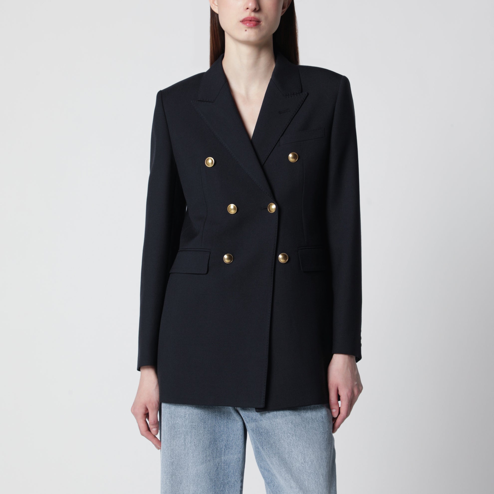 Doppelreihige Wollgabardine-Jacke in Dunkelblau