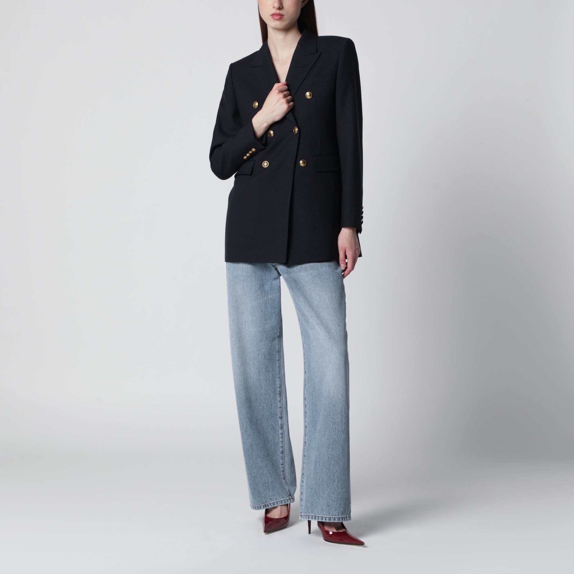 Doppelreihige Wollgabardine-Jacke in Dunkelblau