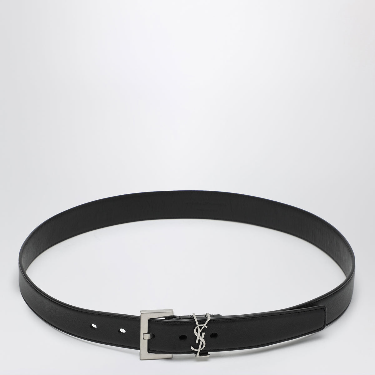Saint Laurent Black Leather Belt with Signature Silver YSL Accent saint-laurent-calfskin-belt-  main image 2