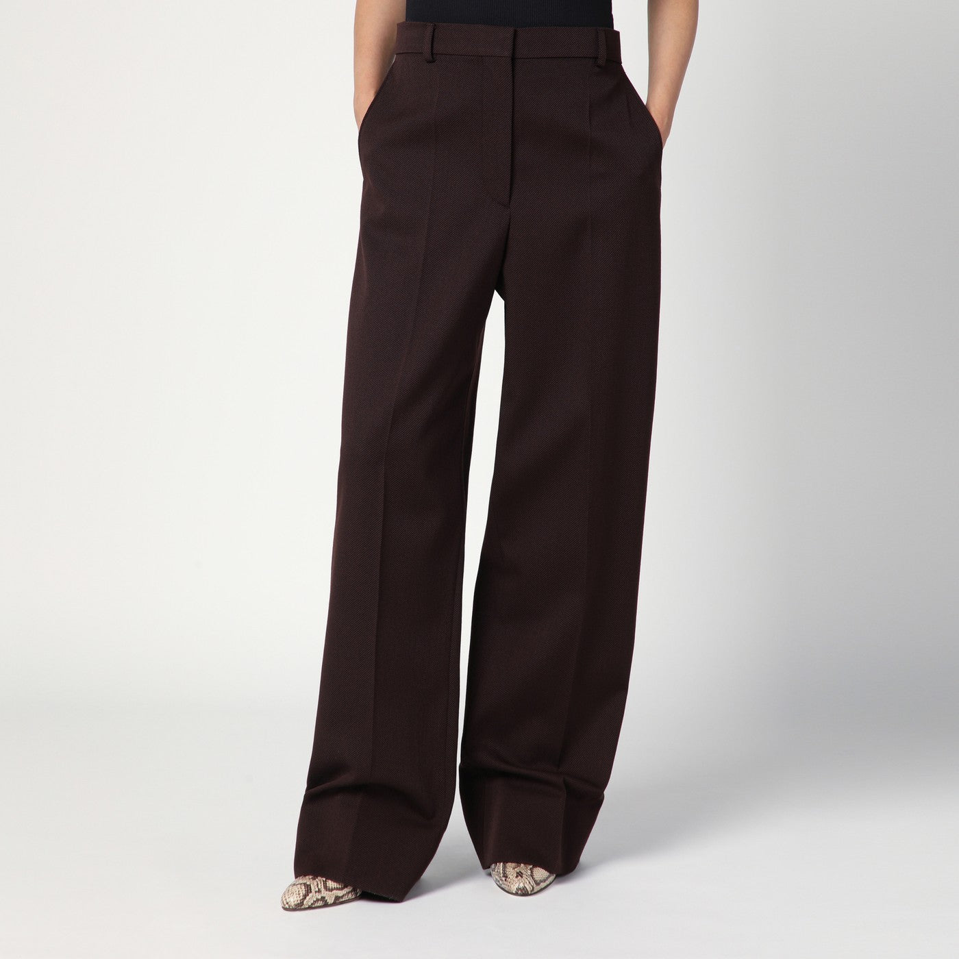 Pantalone a gamba dritta in lana color prugna
