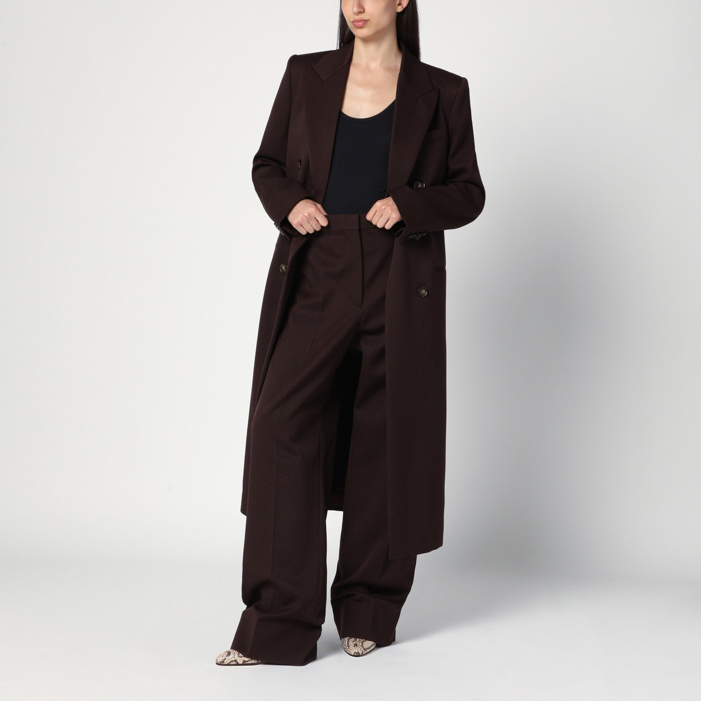 Pantalone a gamba dritta in lana color prugna