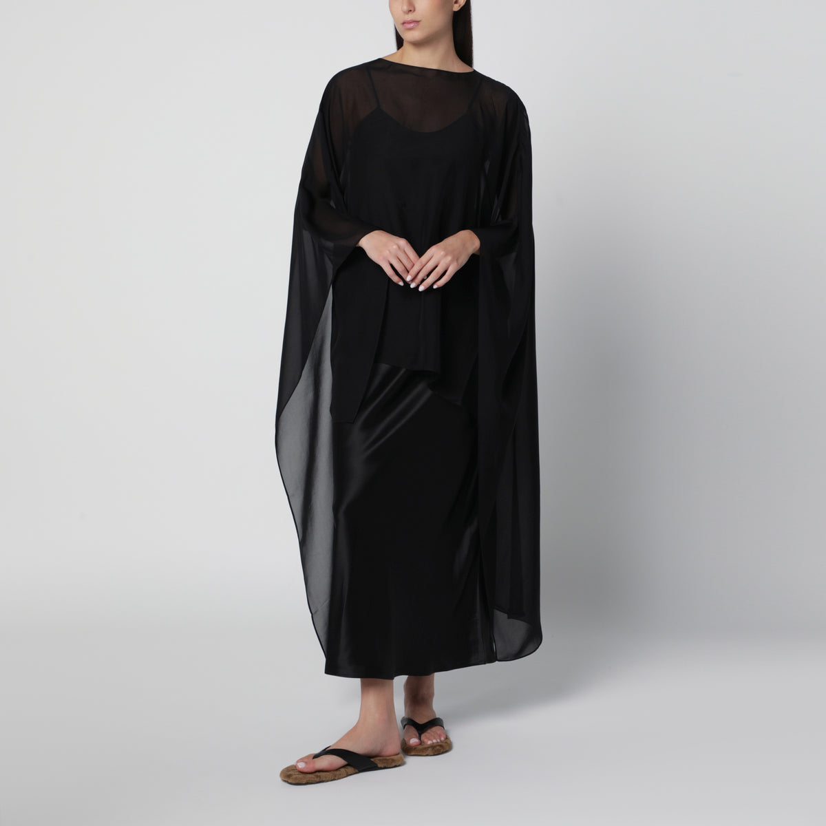 Char black silk chiffon cape