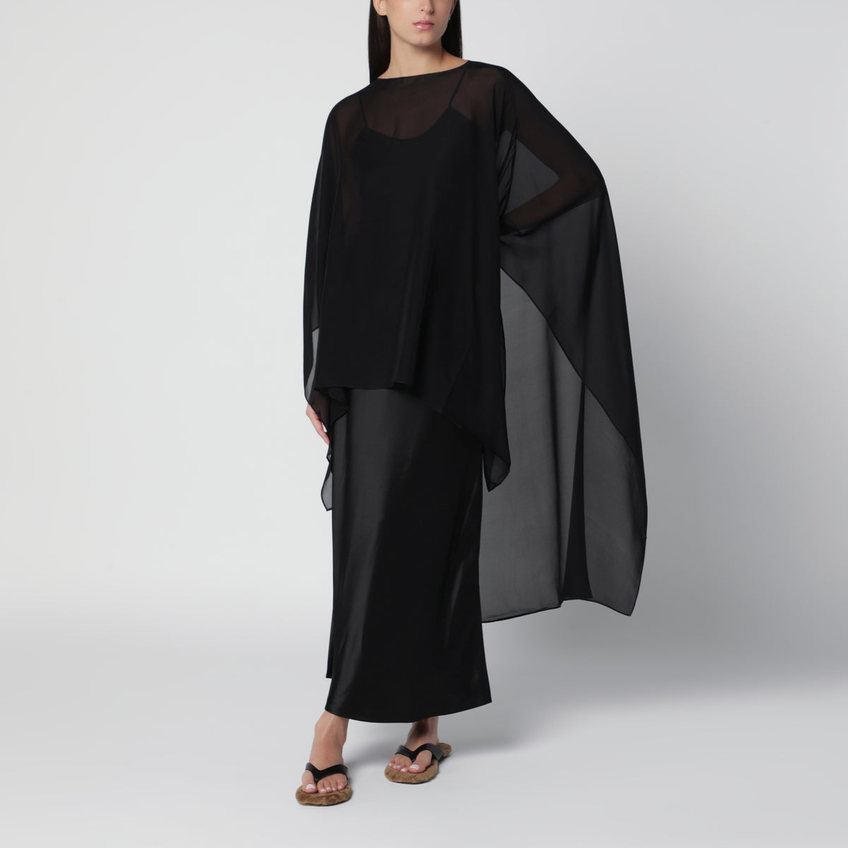 Char black silk chiffon cape
