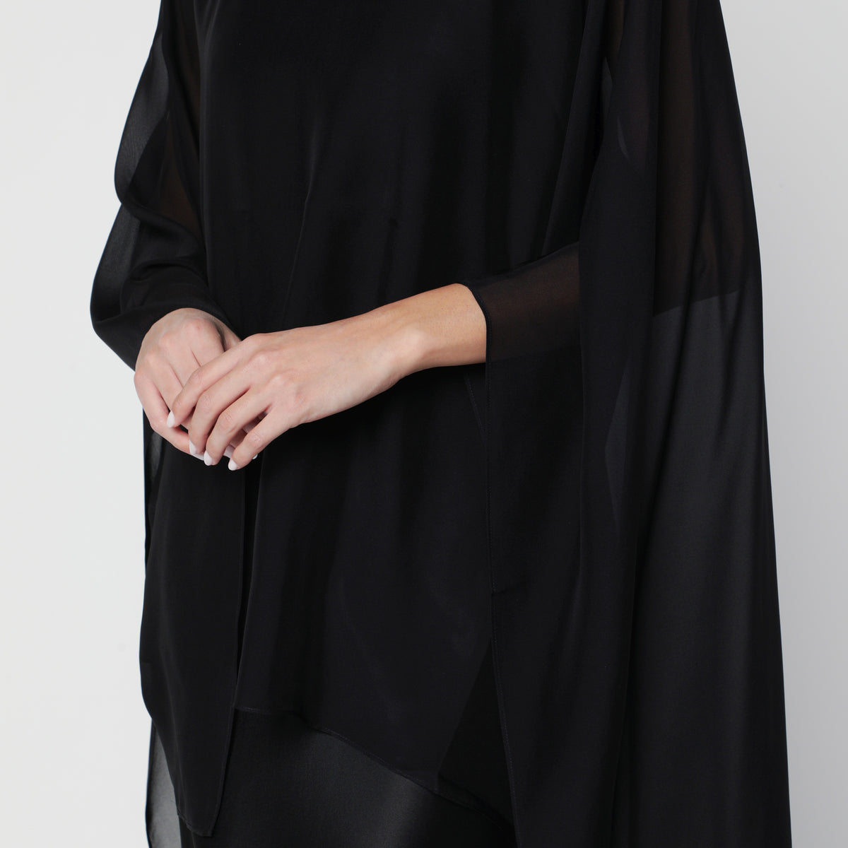 Char black silk chiffon cape