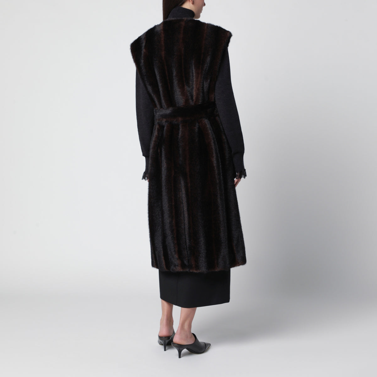 Dark brown long belted faux fur vest