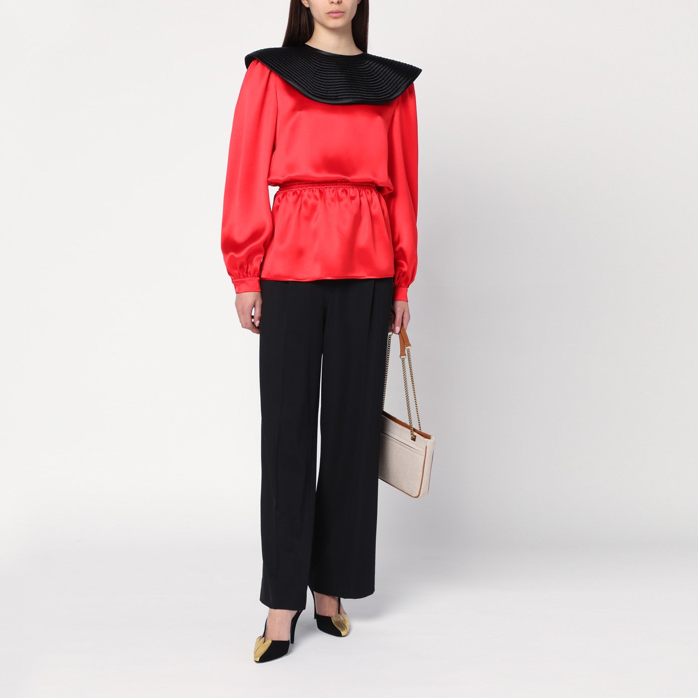 Red silk blouse with black collar