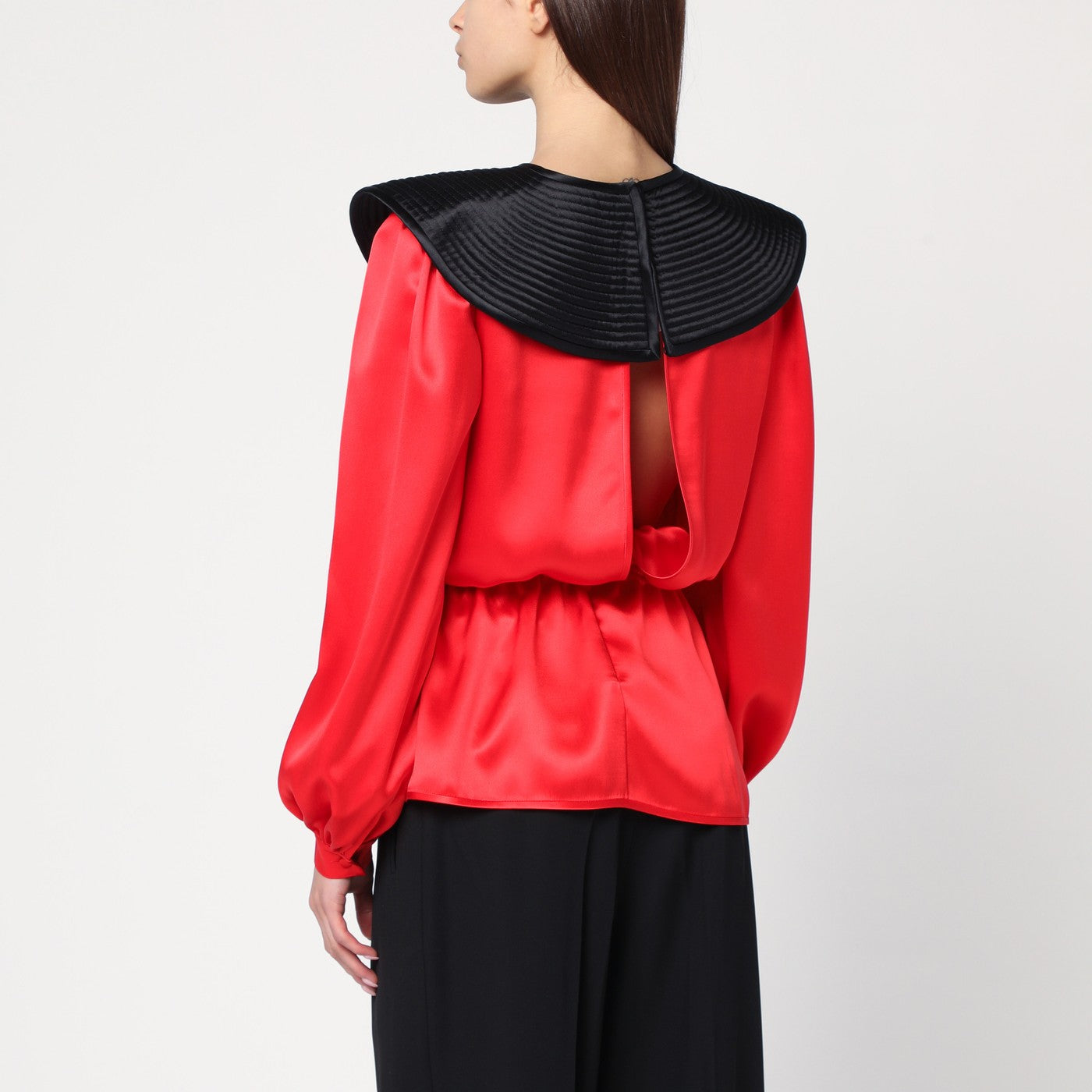 Red silk blouse with black collar