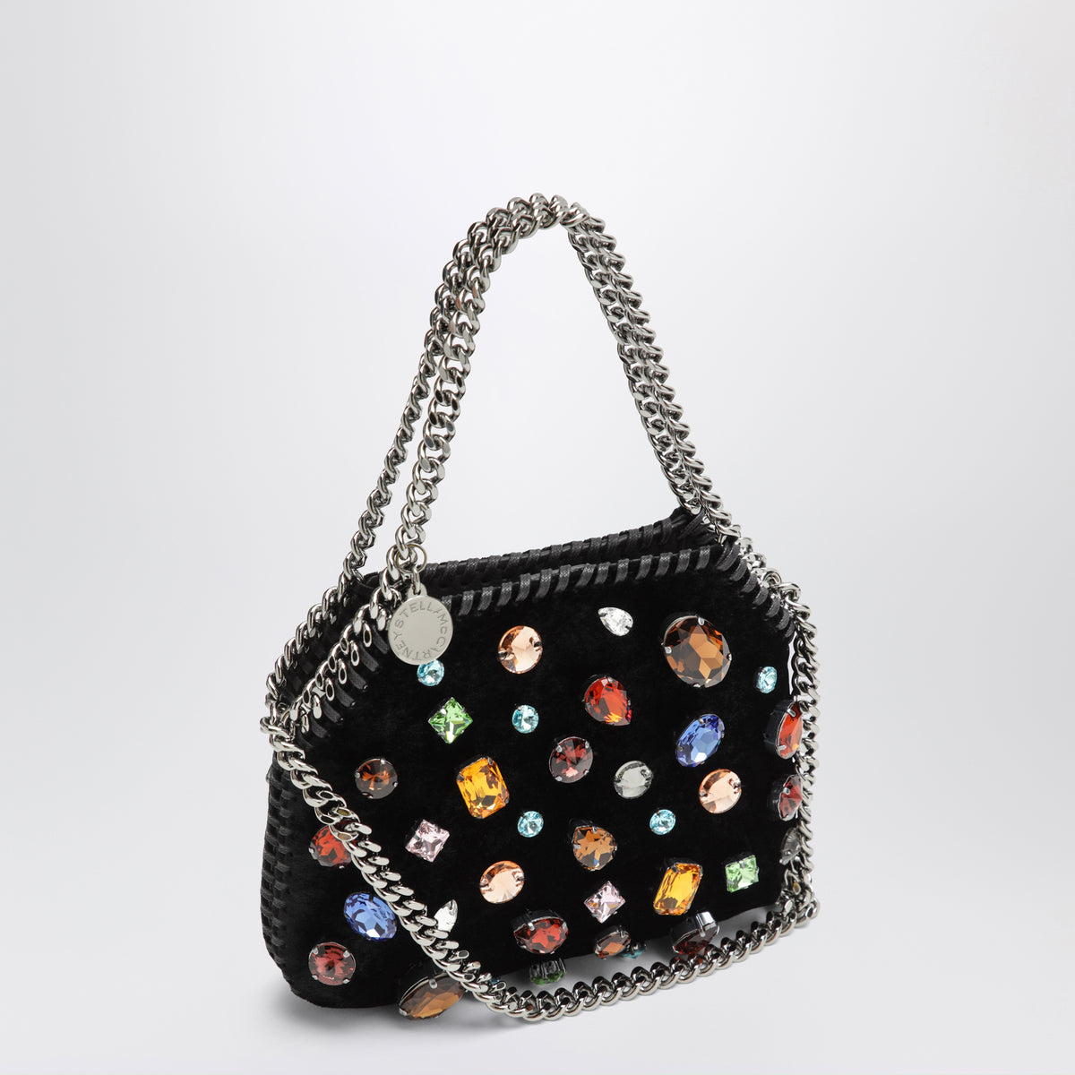 Schwarze Falabella Tiny Schultertasche aus Samt mit Kristallen