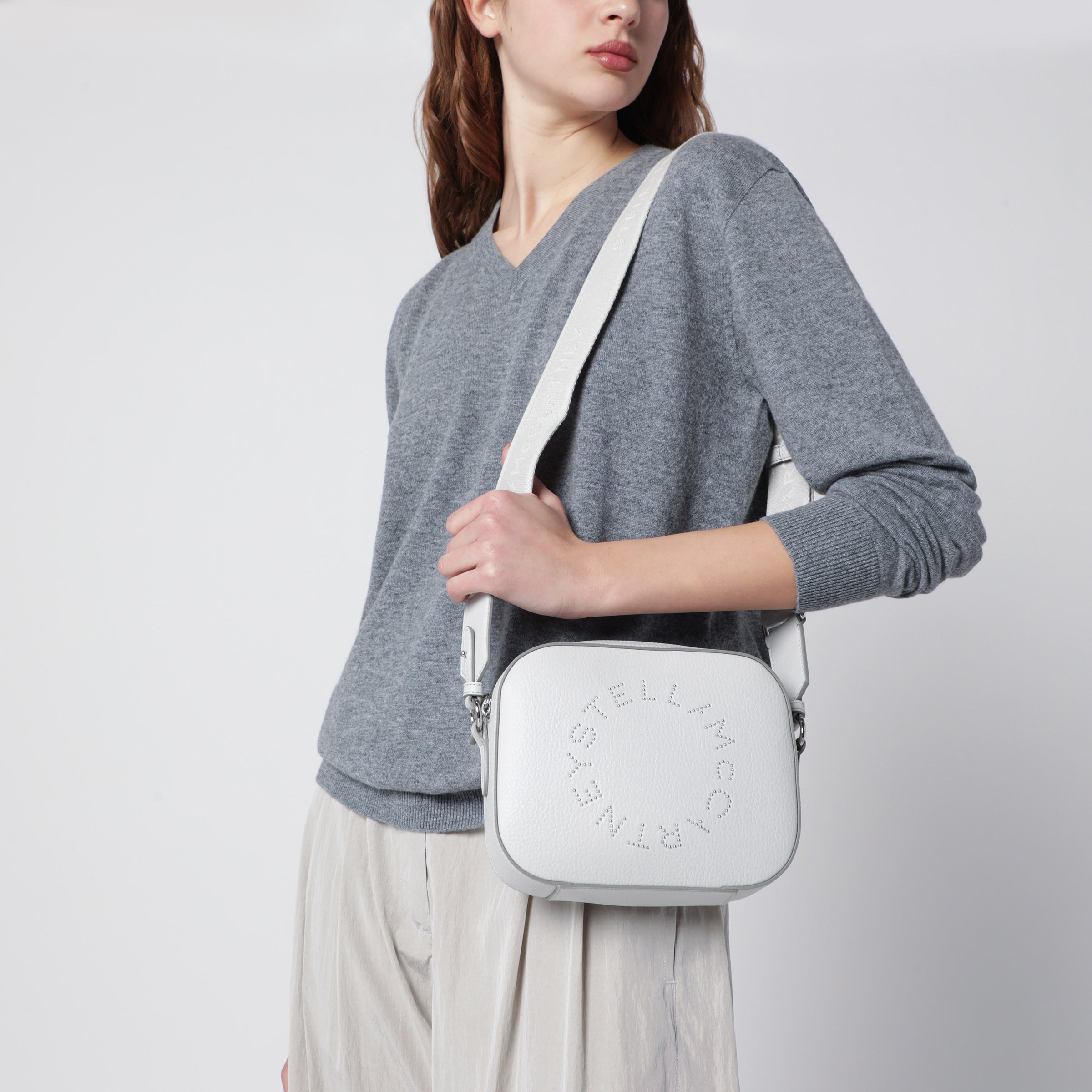 Stella McCartney Pearl grey camera bag with logo and shoulder
