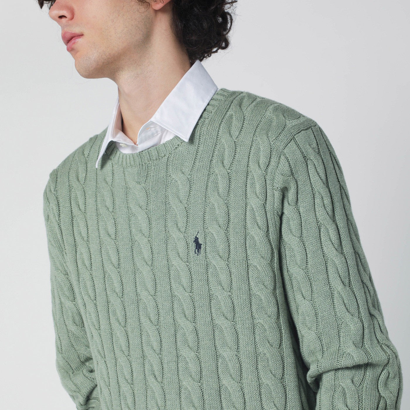 Grey-green cotton cable-knit sweater