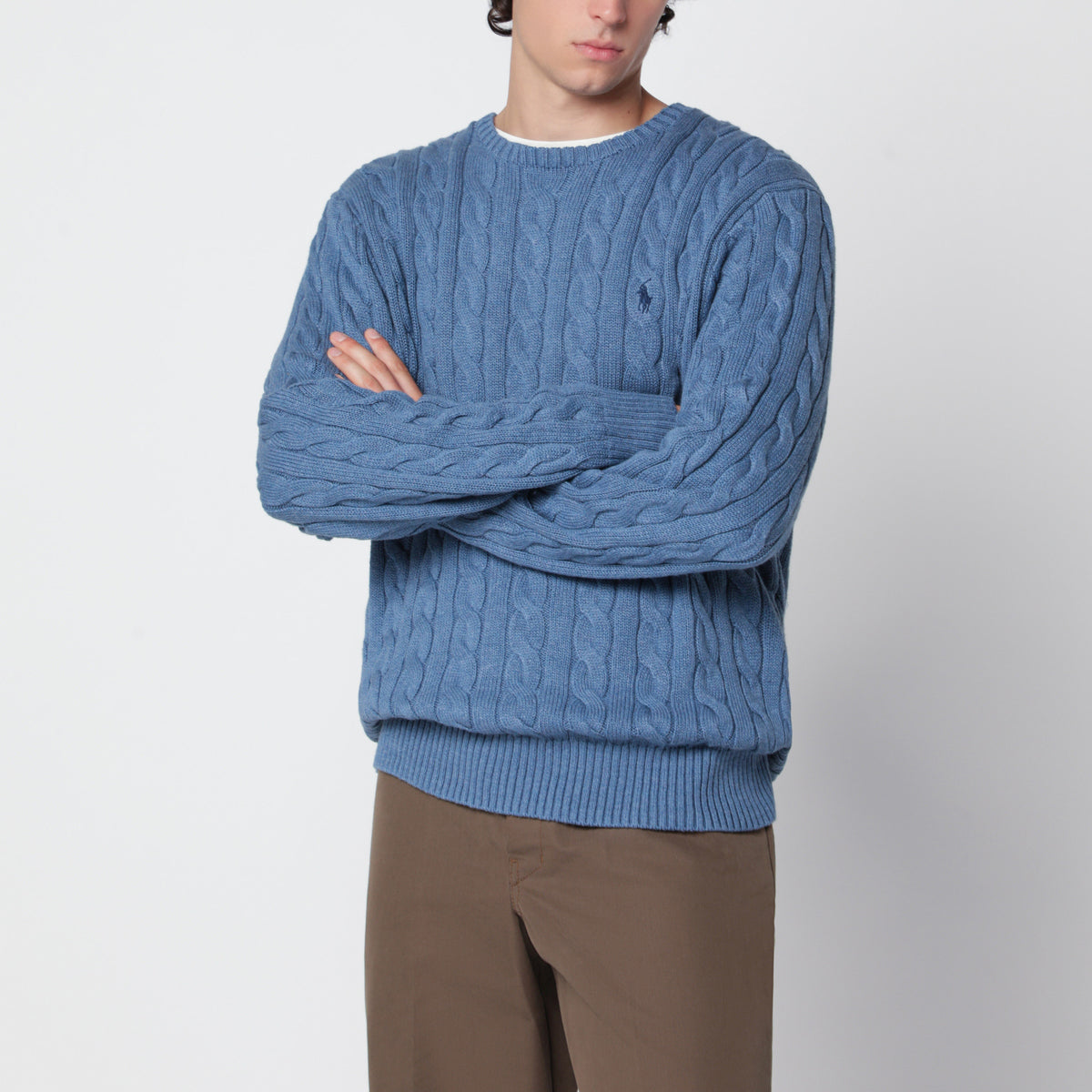 Blue cable-knit cotton sweater