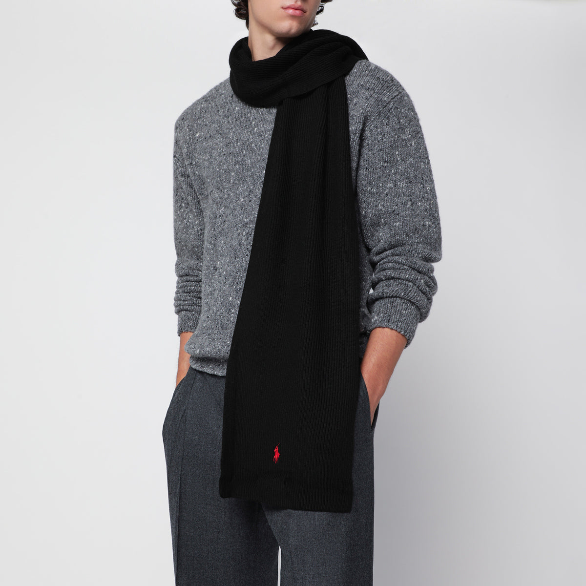 Black wool scarf with embroidered pony