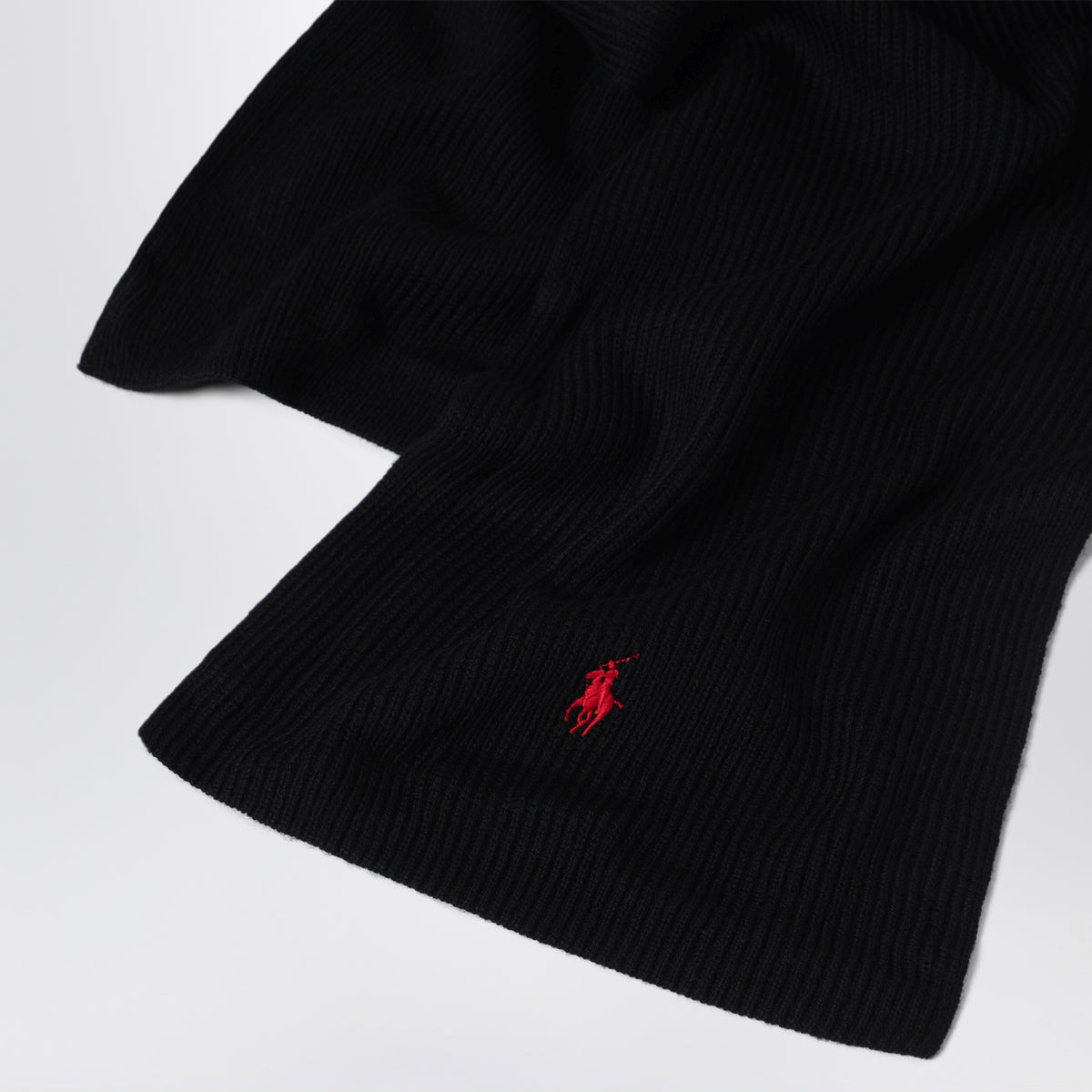 Black wool scarf with embroidered pony