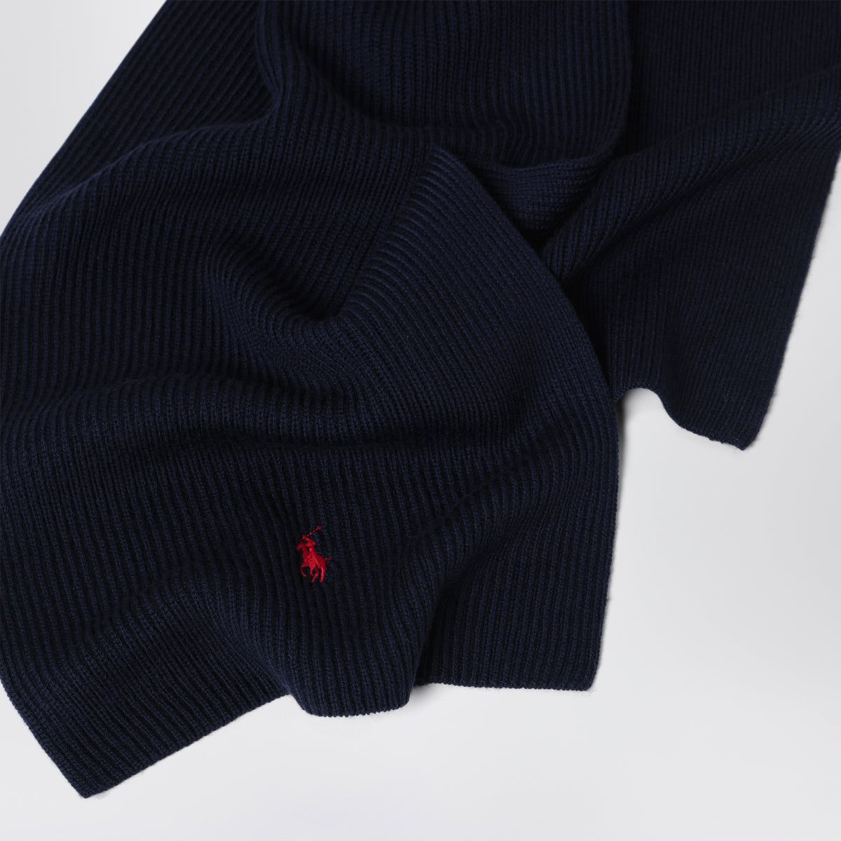 Navy wool scarf with embroidered pony