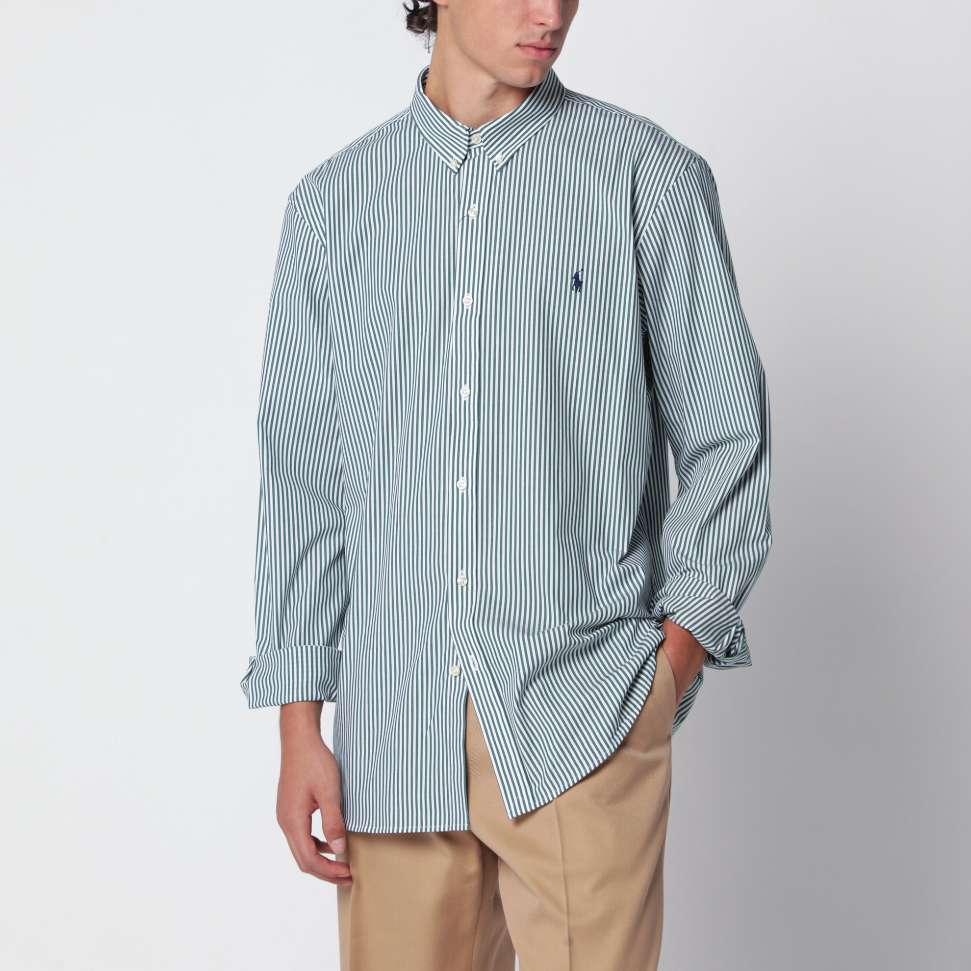 Camicia bianca/verde foresta a righe Slim-Fit Stretch
