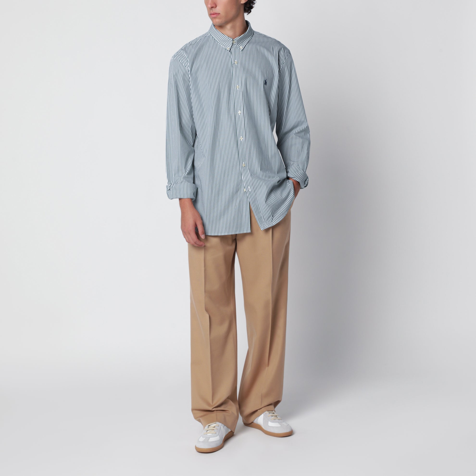 Camicia bianca/verde foresta a righe Slim-Fit Stretch