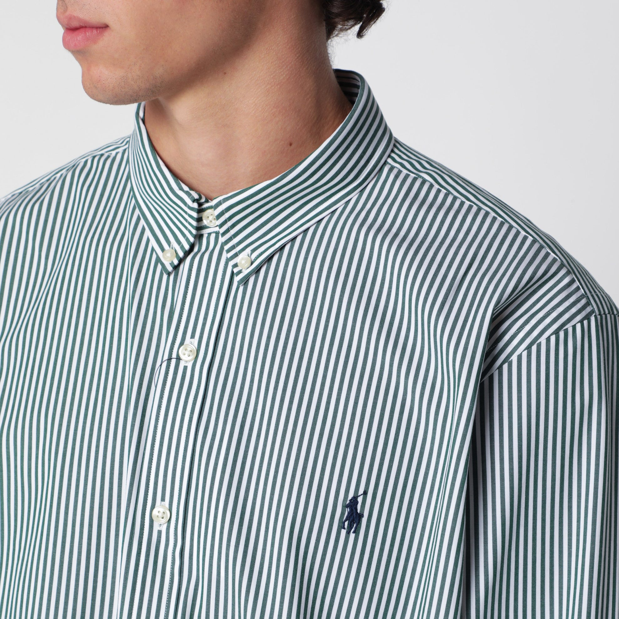 Camicia bianca/verde foresta a righe Slim-Fit Stretch