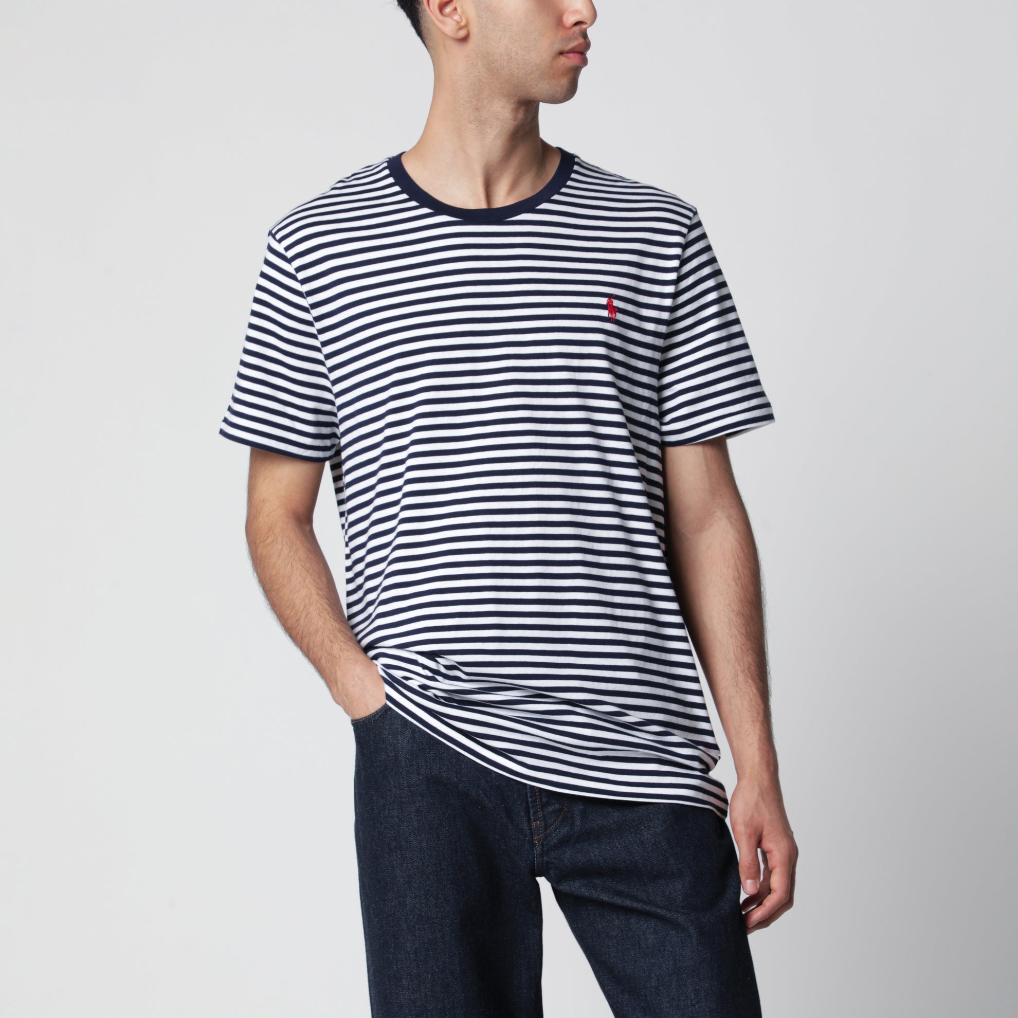 T-shirt rayé blanc/bleu marine Custom Slim-Fit
