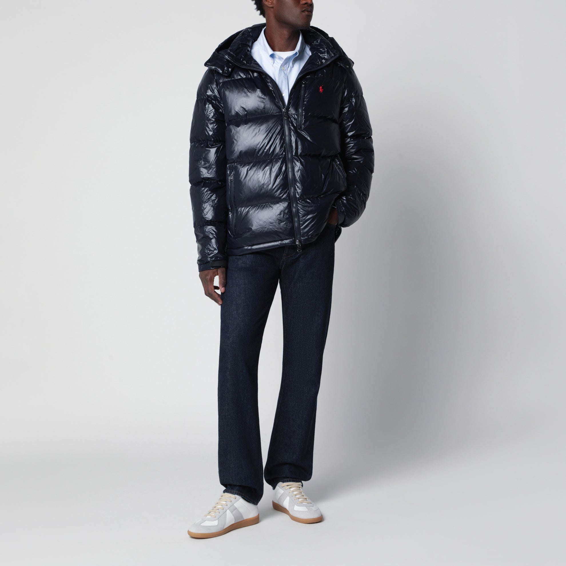 Navy blue glossy-finish nylon down jacket
