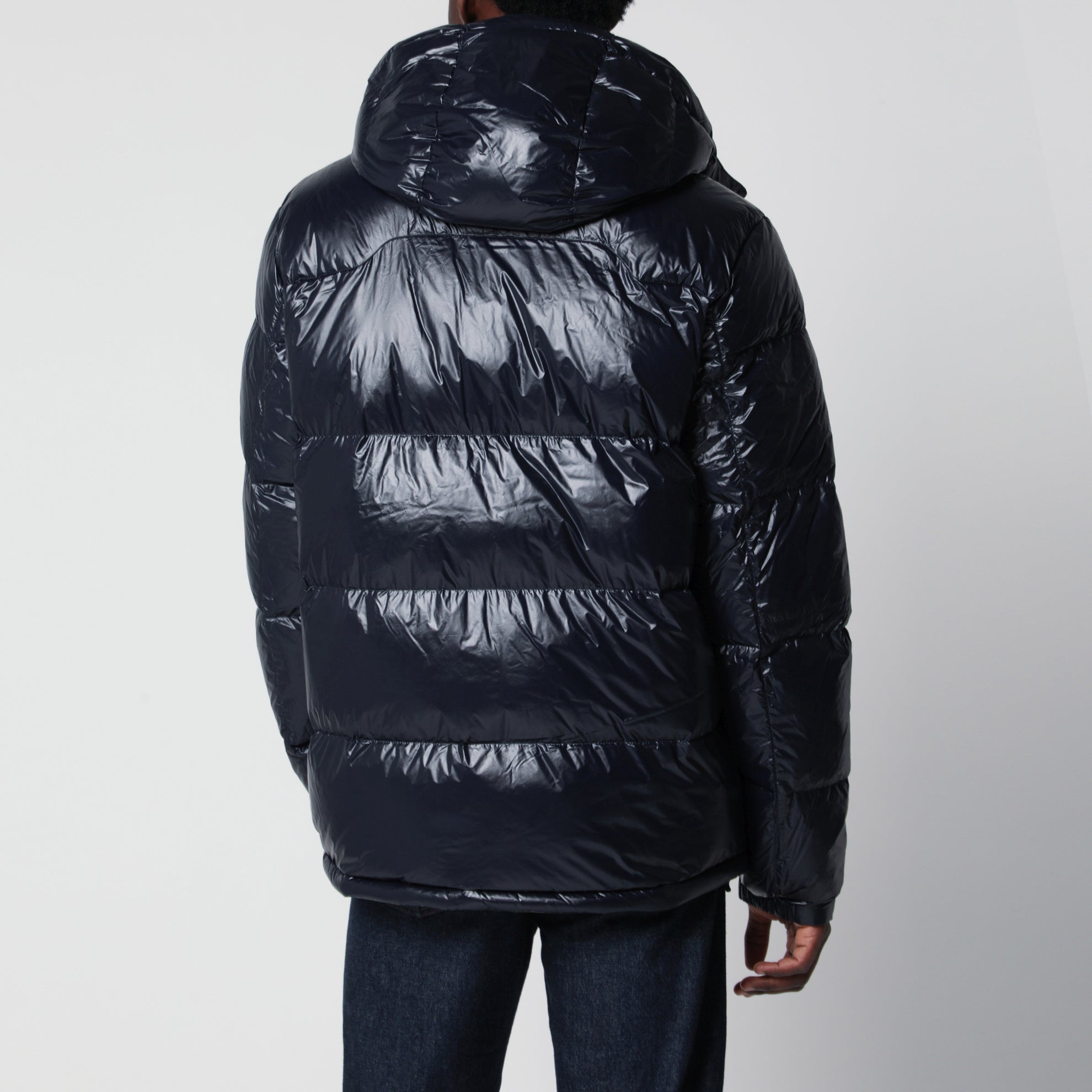 Navy blue glossy-finish nylon down jacket
