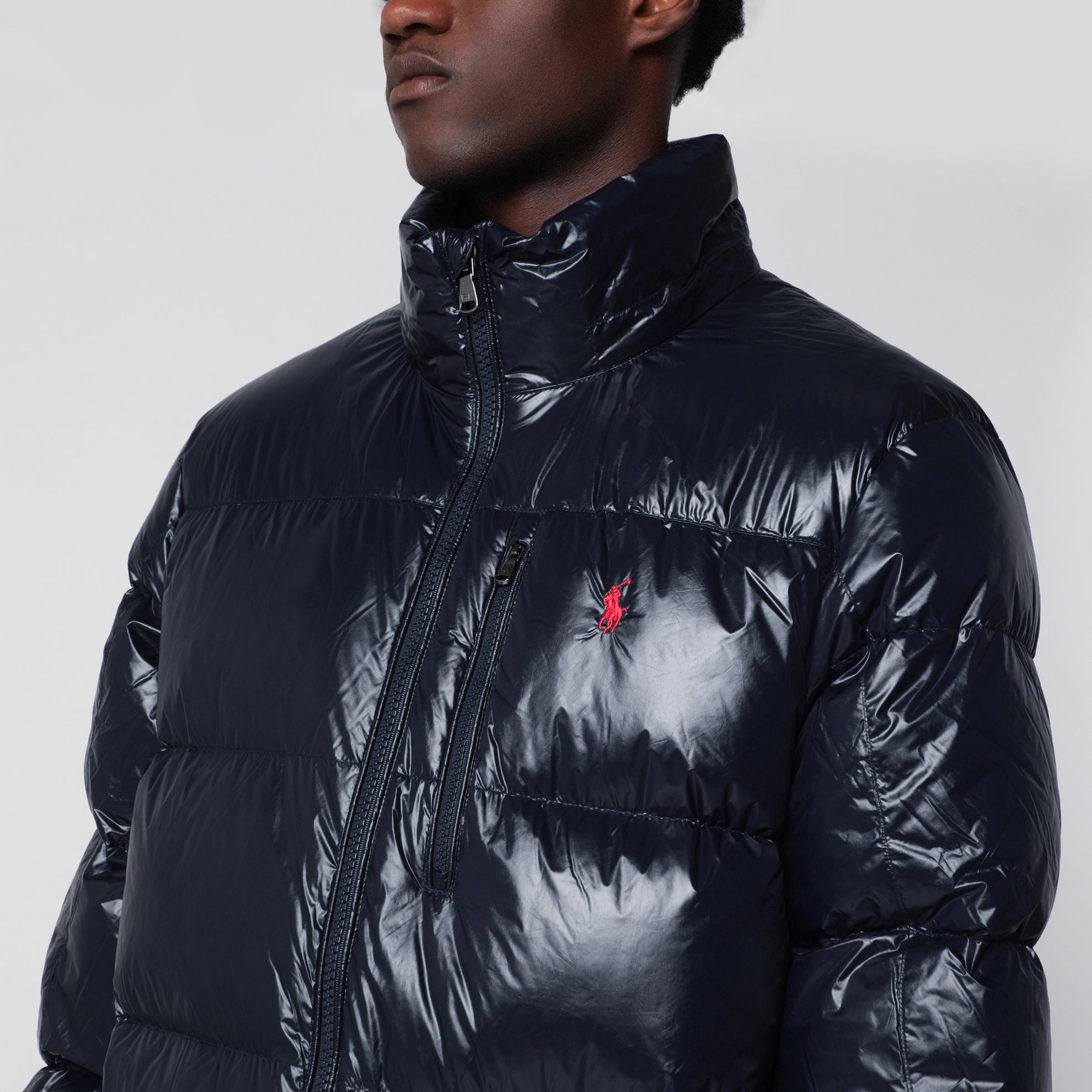 Navy blue glossy-finish nylon down jacket