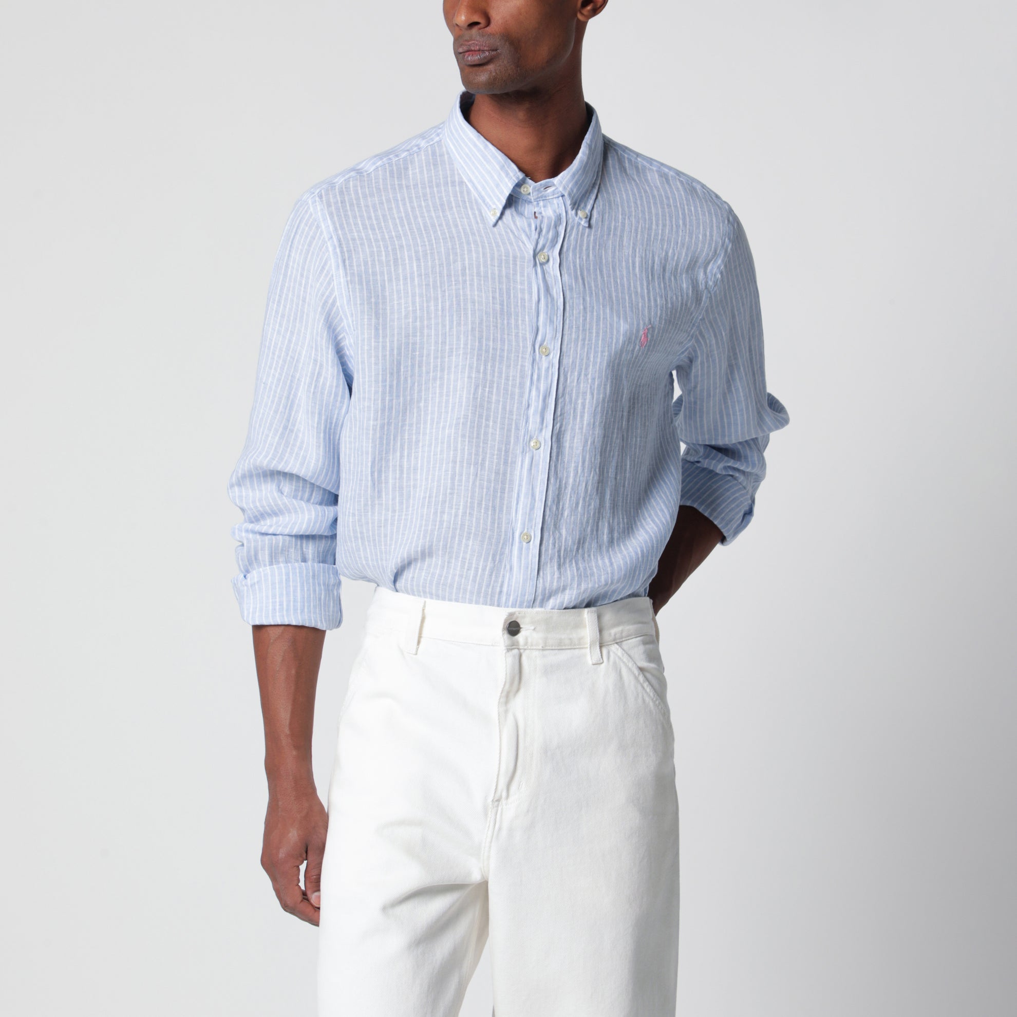 Camicia a righe azzurra/bianca in lino