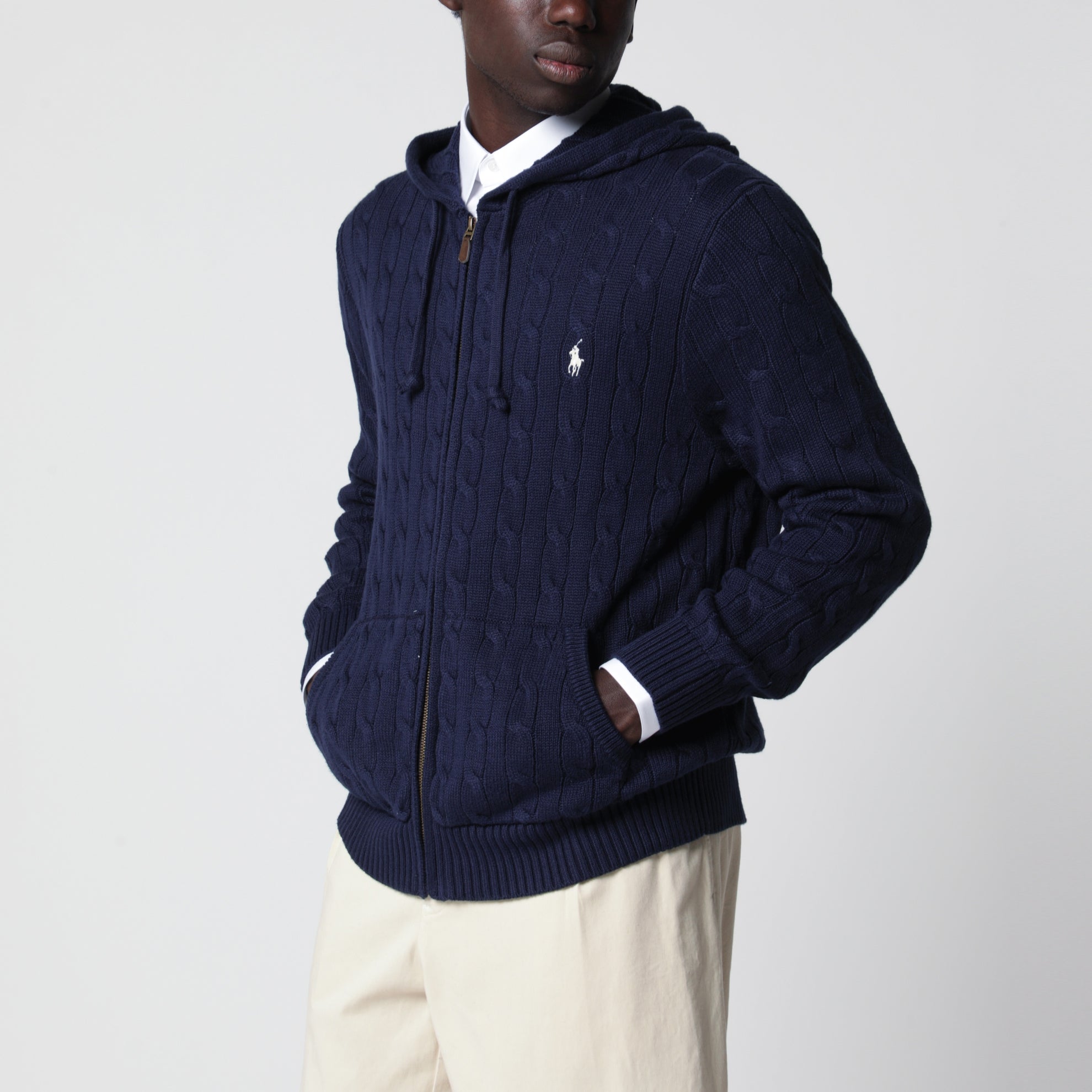 Cardigan con zip blu navy a trecce in cotone