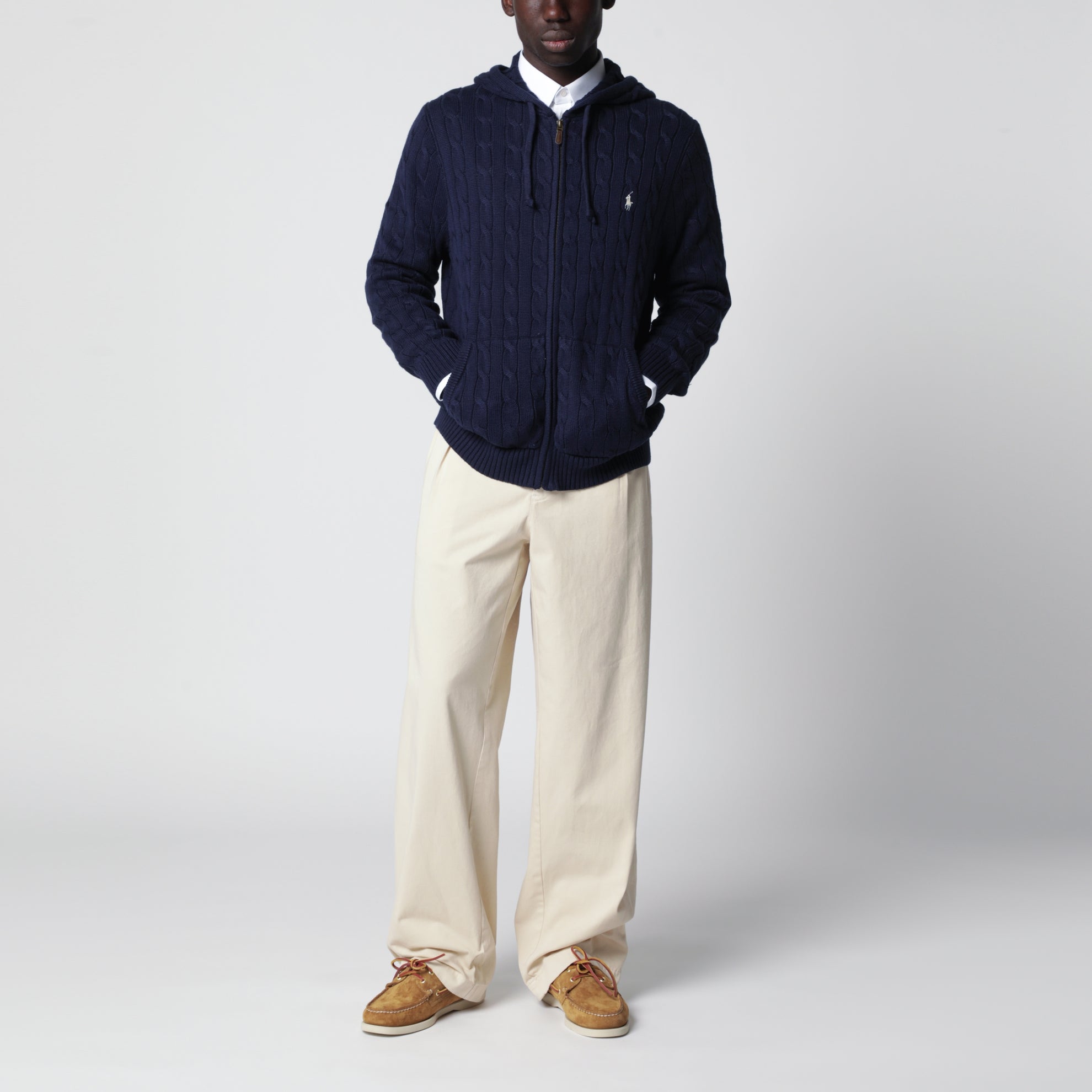 Cardigan con zip blu navy a trecce in cotone