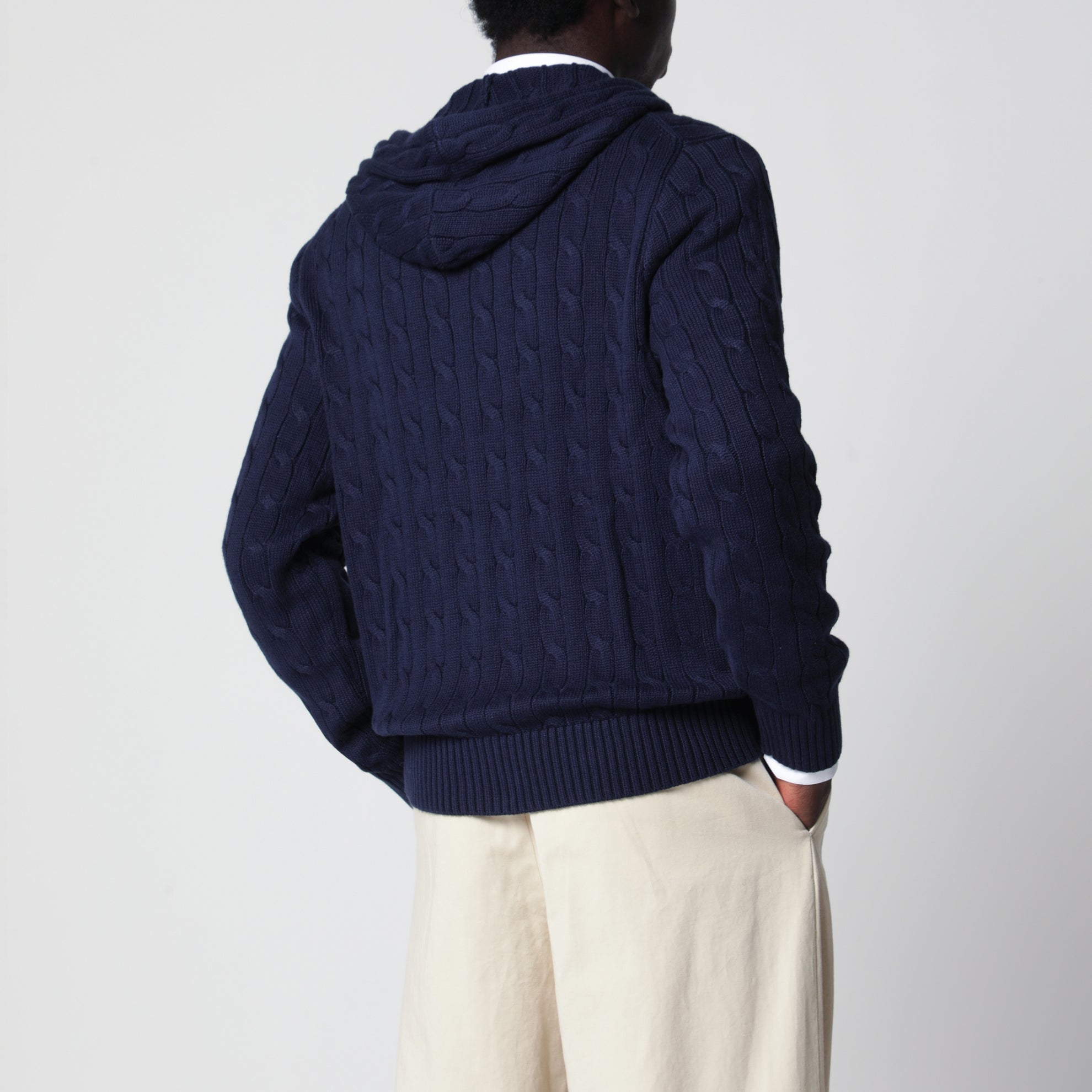 Cardigan con zip blu navy a trecce in cotone