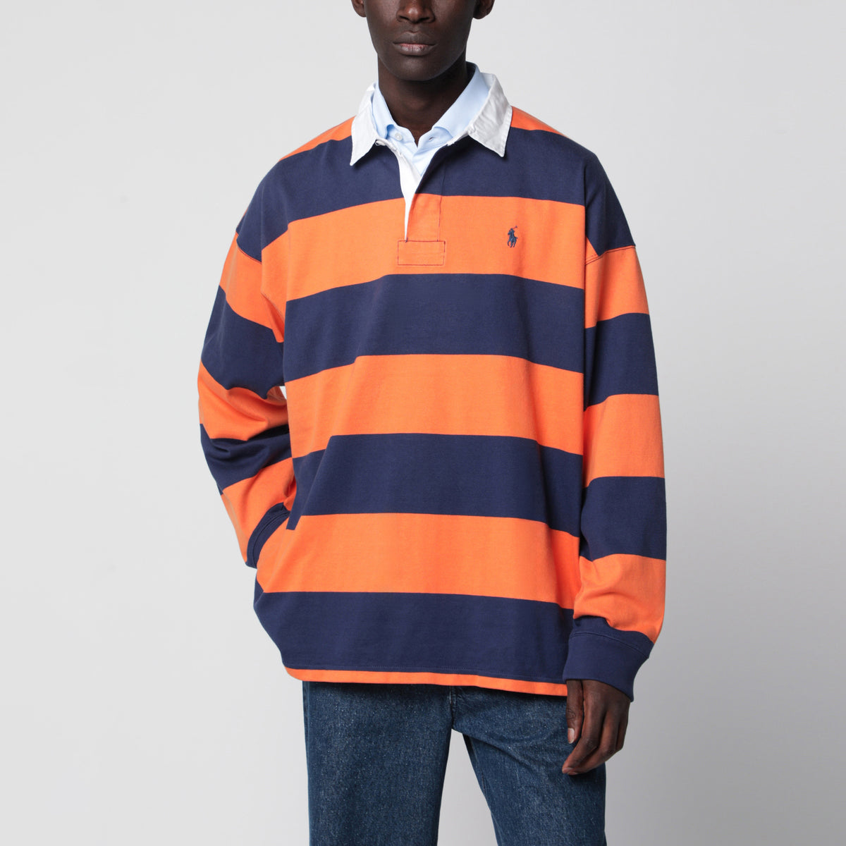 Orange/blue striped Big-Fit polo shirt in cotton