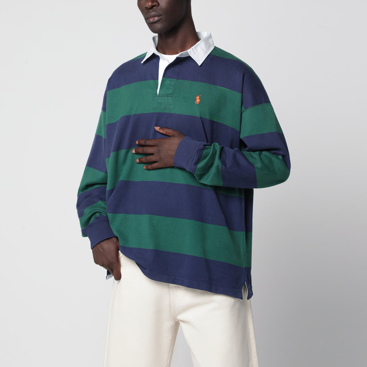 Dark green/blue striped Big-Fit polo shirt in cotton